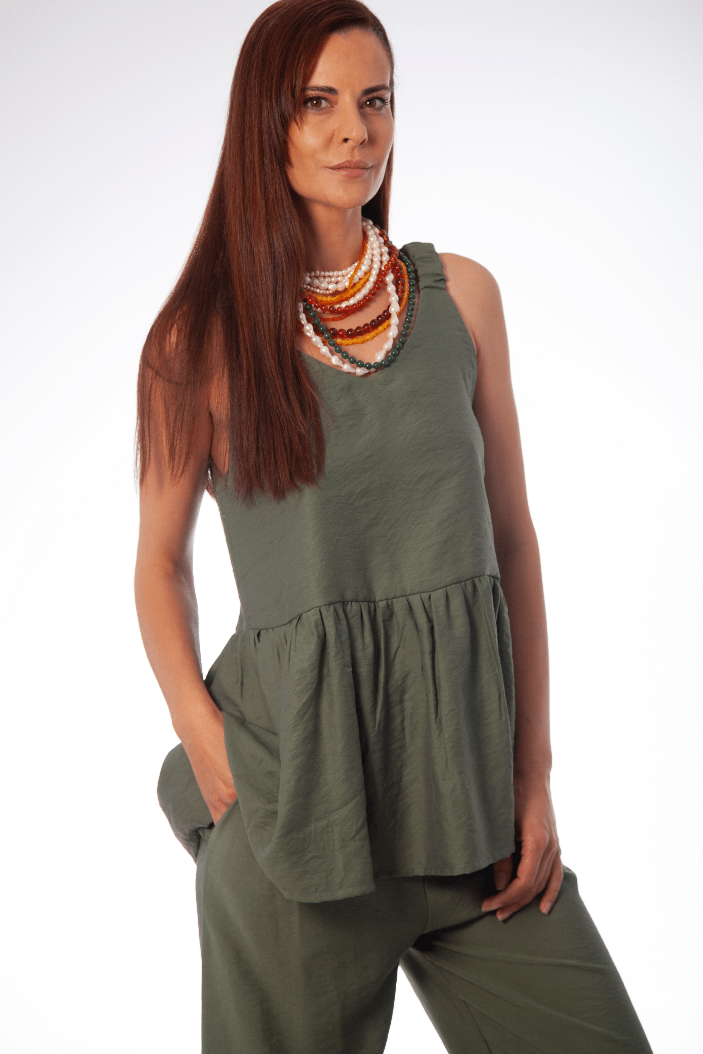 Camisa verde militar tirantes con faldon fruncido Lolitas&L - lolitasyl.com