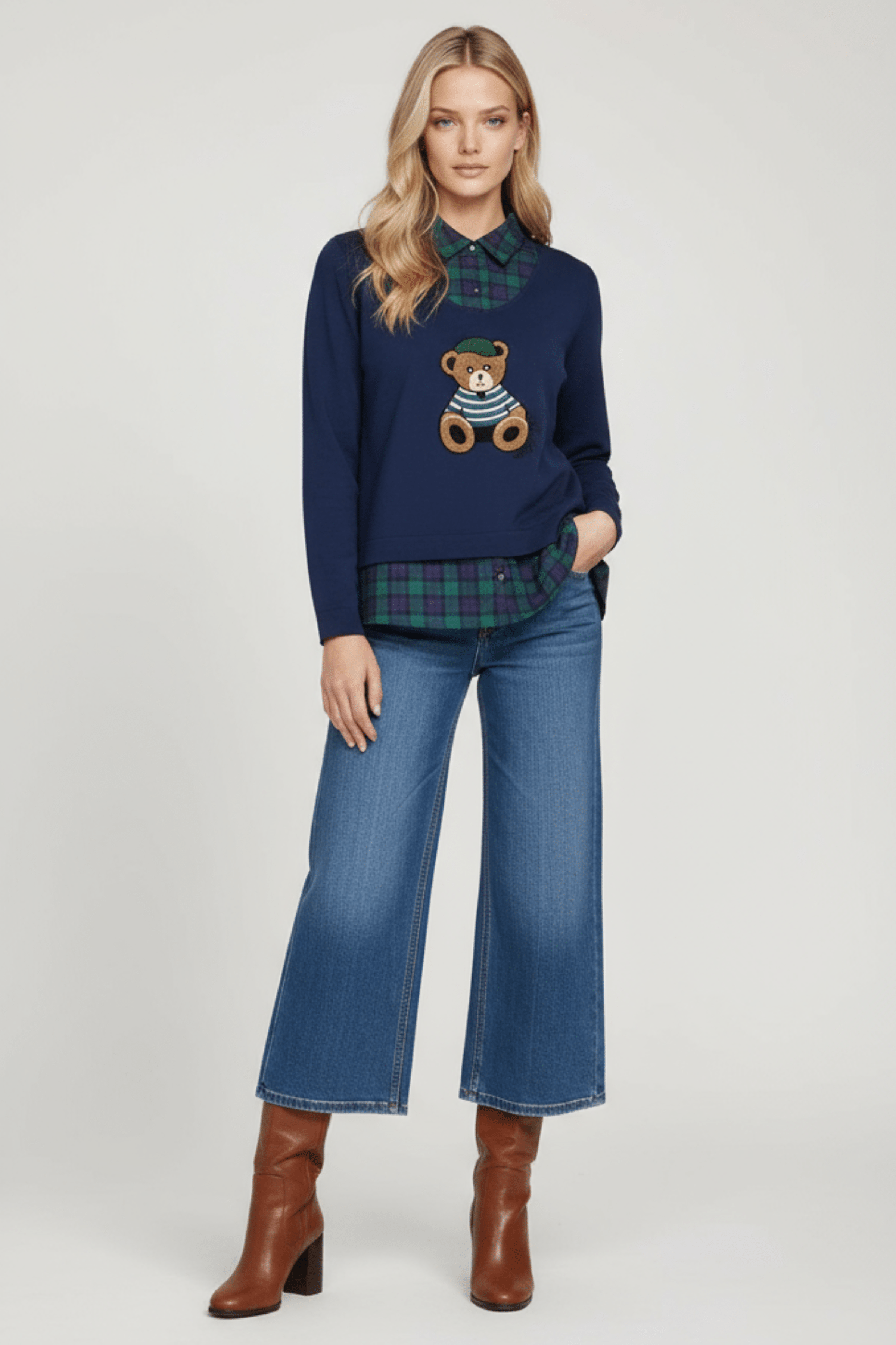 Camiseta azul con cuadro escoces verde y bordado osito Lolitas&L - lolitasyl.com