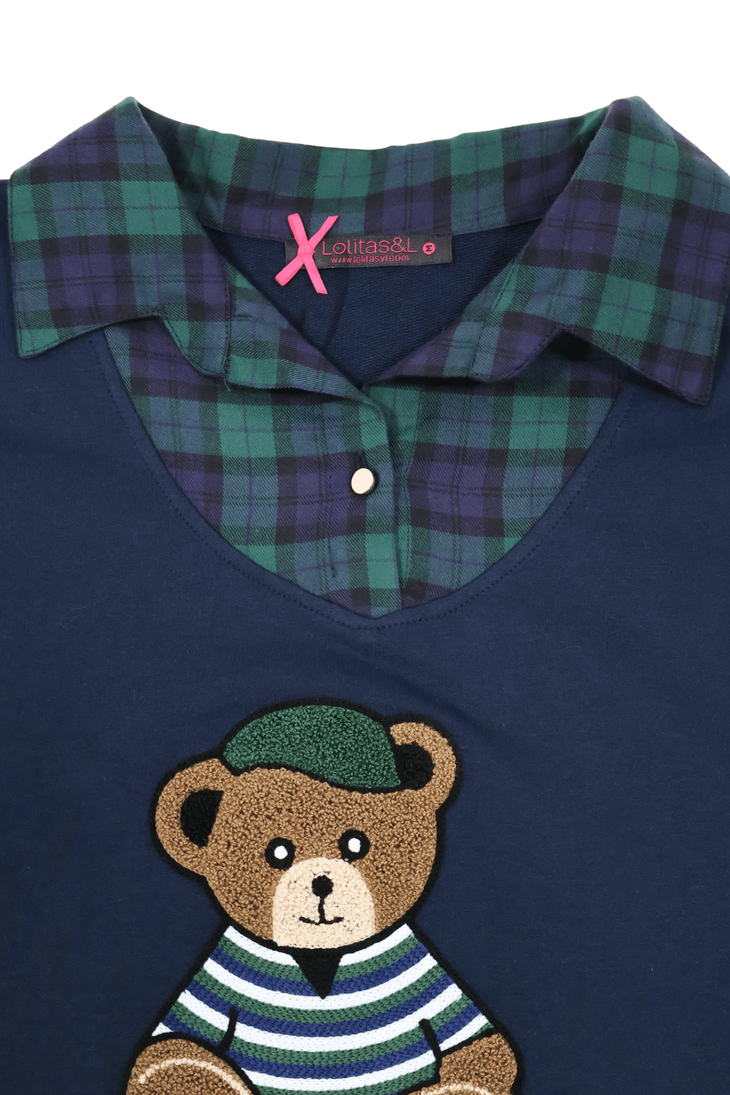 Camiseta azul con cuadro escoces verde y bordado osito Lolitas&L - lolitasyl.com