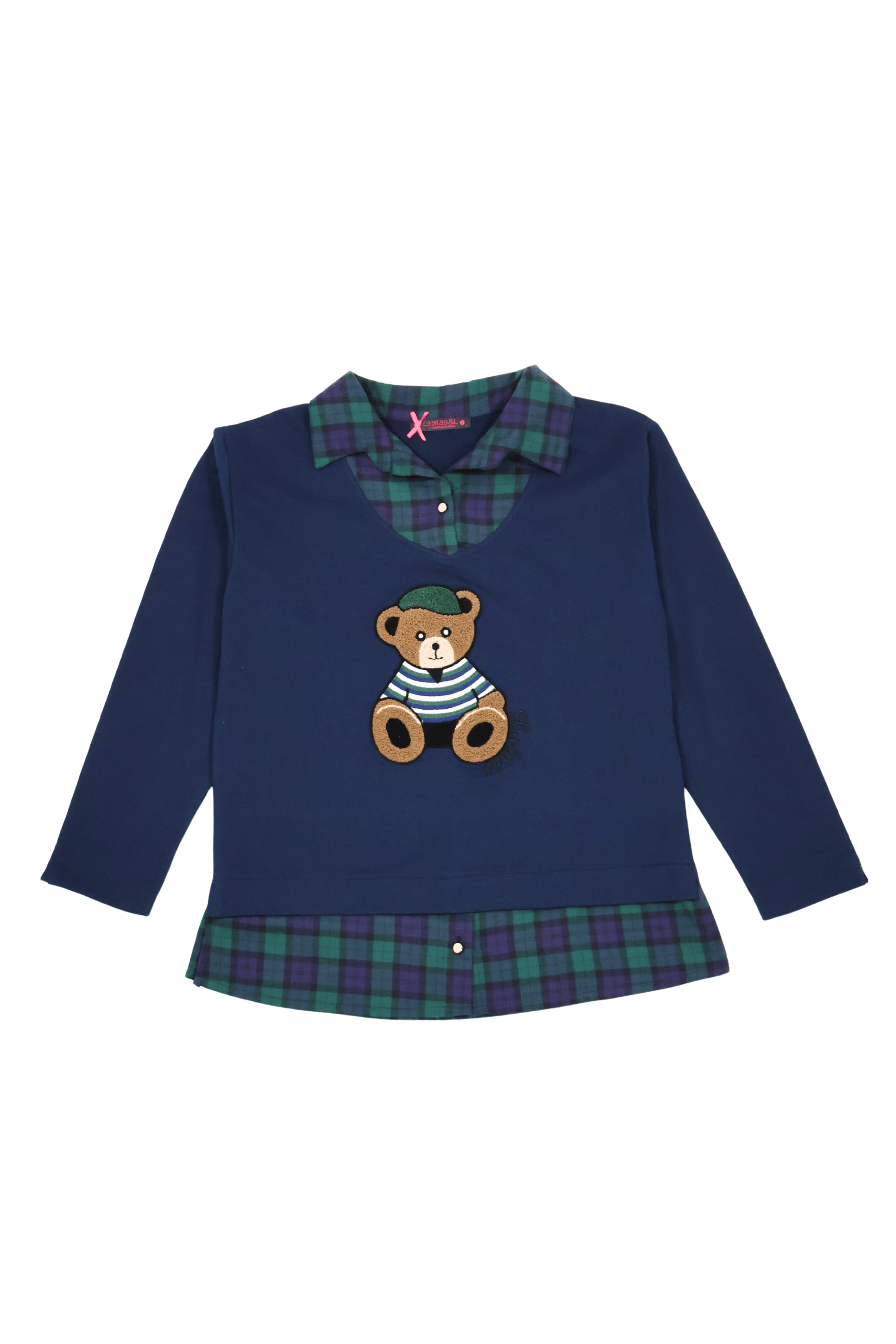 Camiseta azul con cuadro escoces verde y bordado osito Lolitas&L - lolitasyl.com