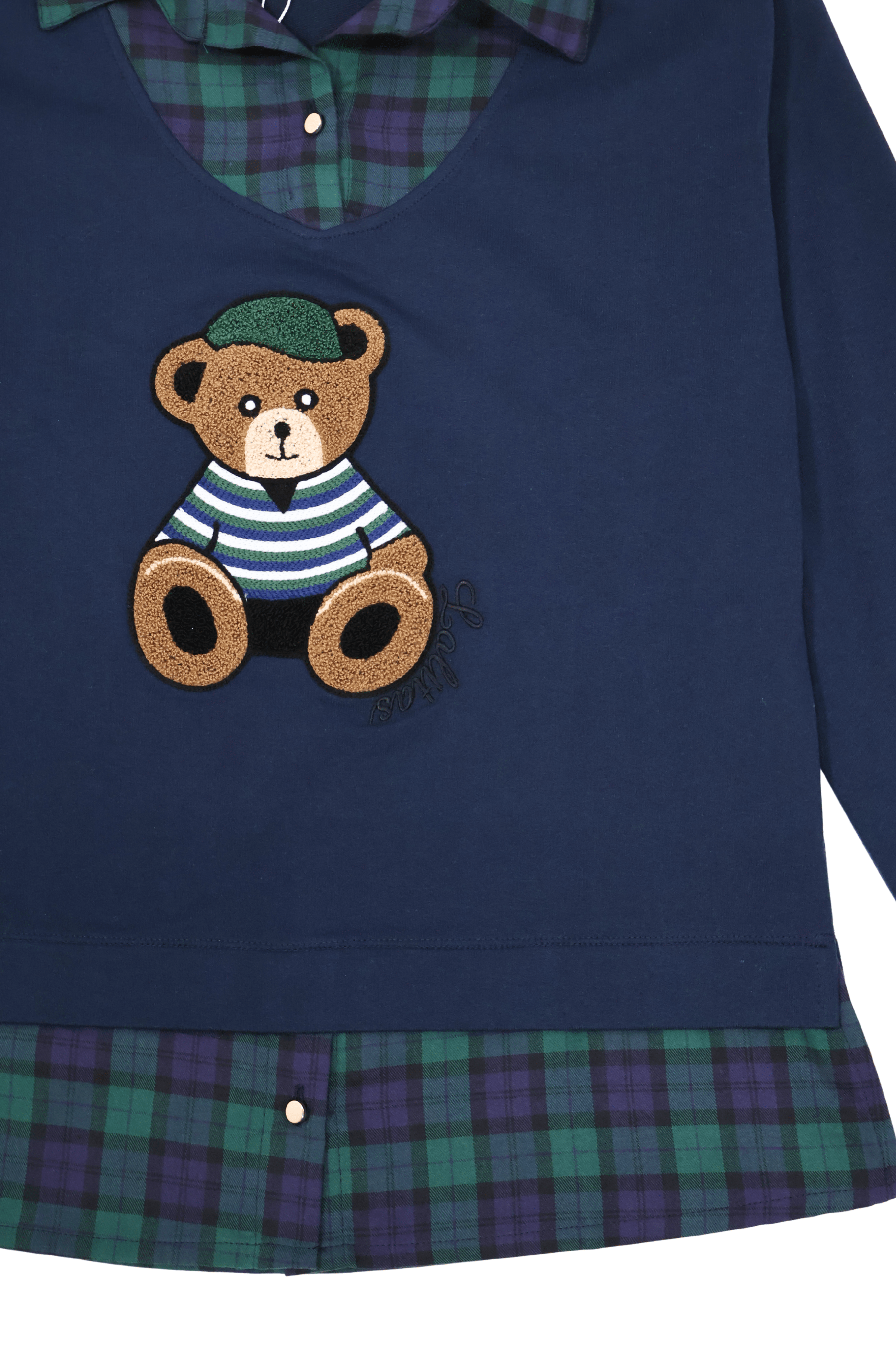 Camiseta azul con cuadro escoces verde y bordado osito Lolitas&L - lolitasyl.com