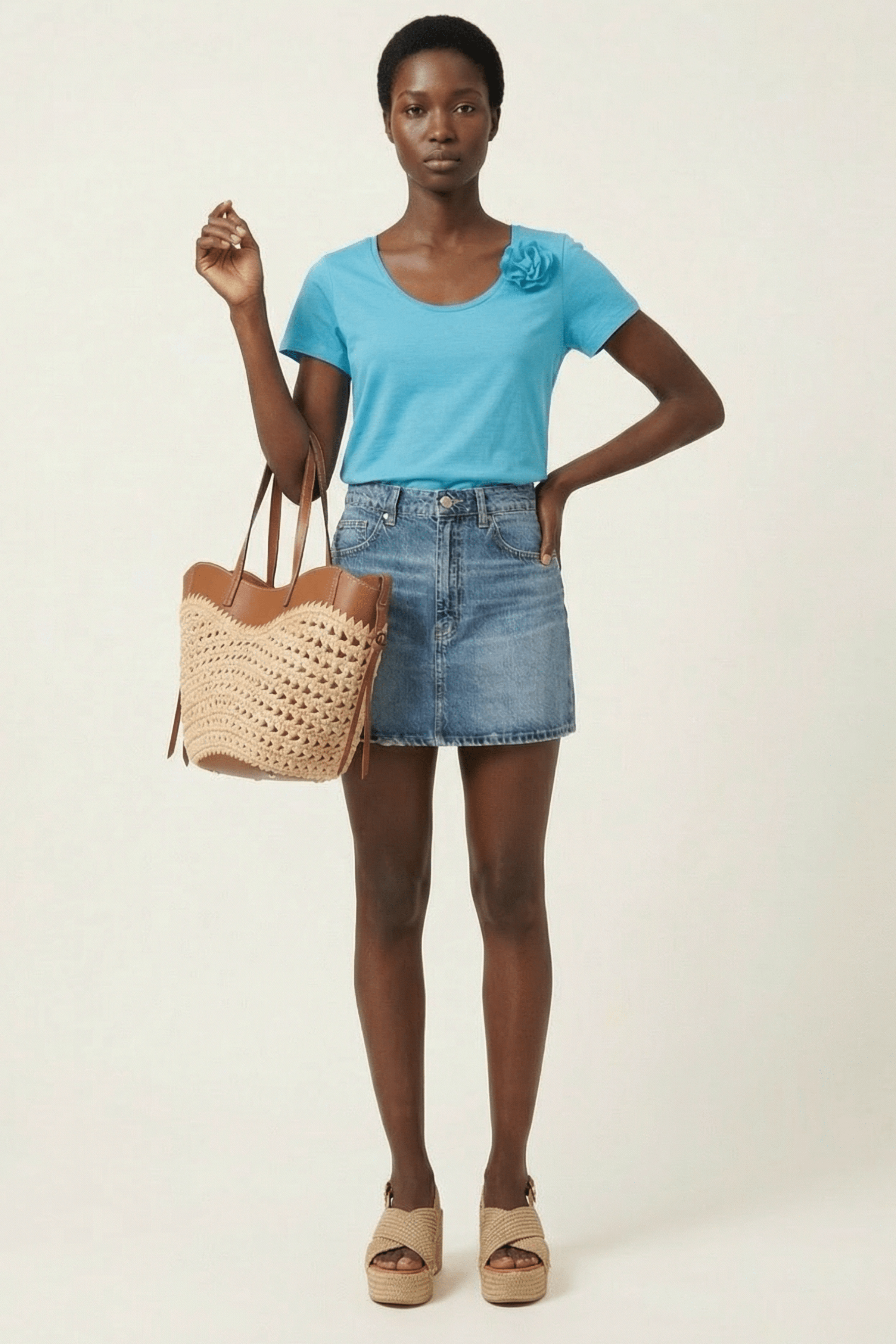 Camiseta azul turquesa escote redondo con flor Lolitas&L - lolitasyl.com