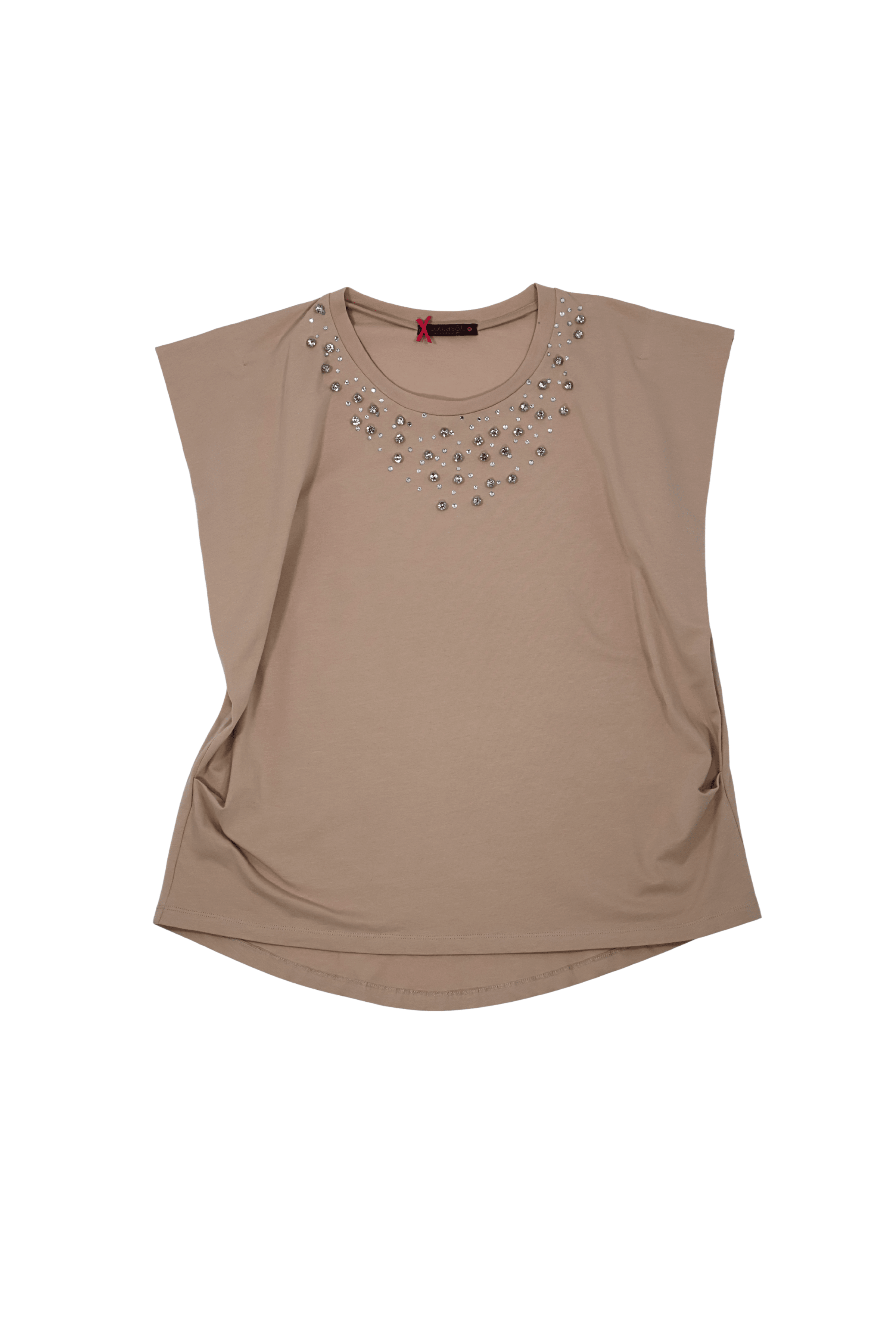 Camiseta beige con pedreria en el escote sin mangas Lolitas&L - lolitasyl.com