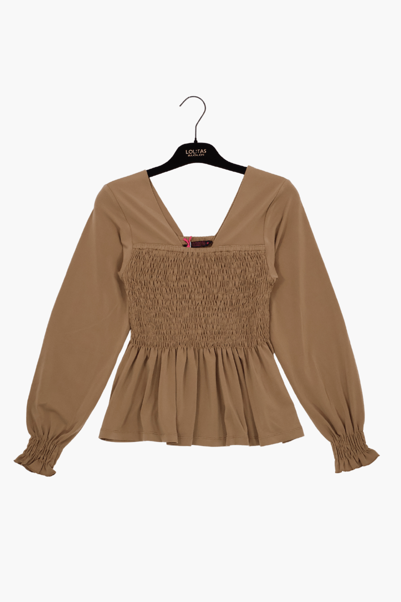 Camiseta beige Preloved pecho nido de abjeja Lolitas&L - lolitasyl.com