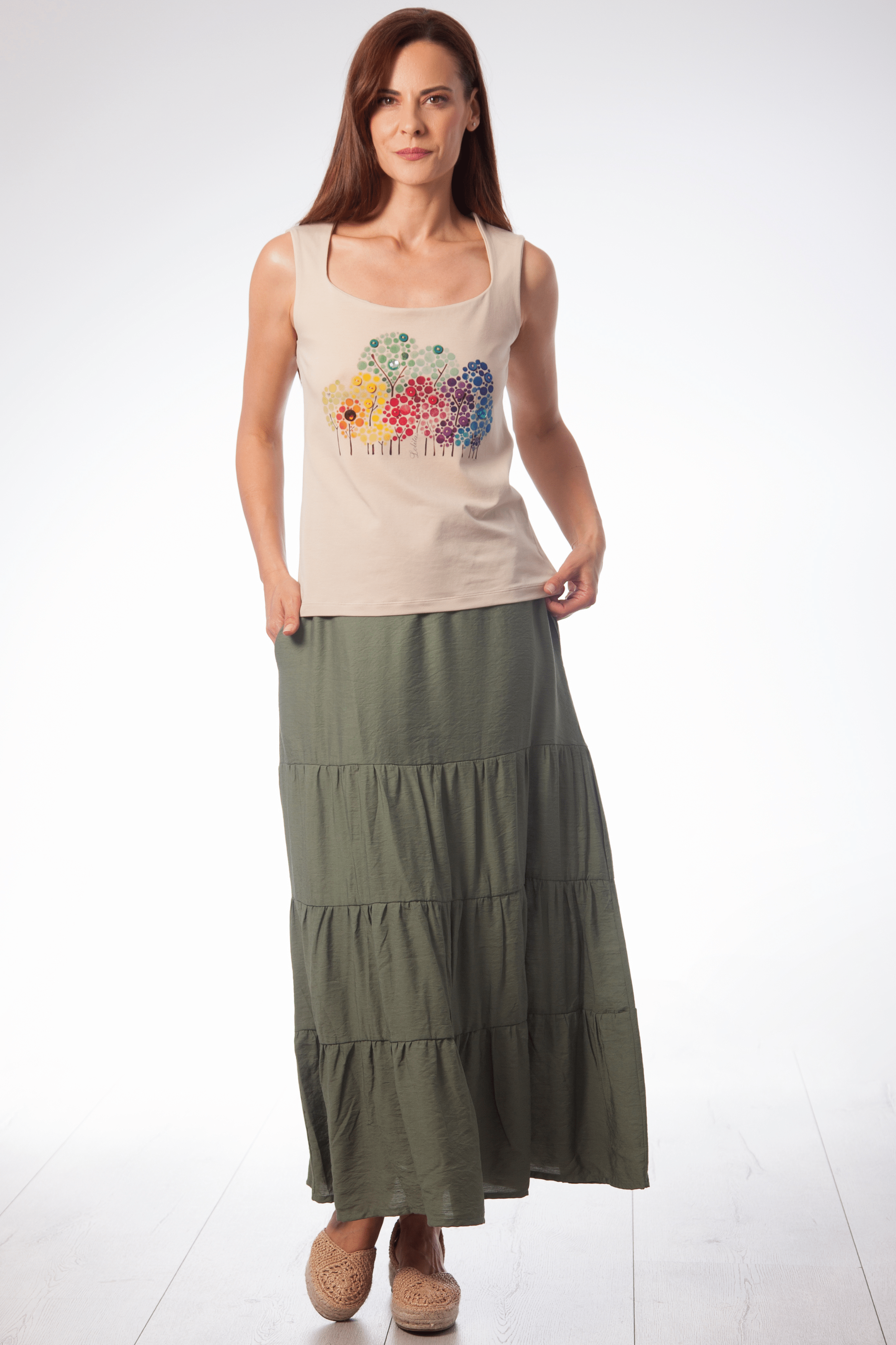 Camiseta beige tirantes con arboles de strass multicolor Lolitas&L - lolitasyl.com