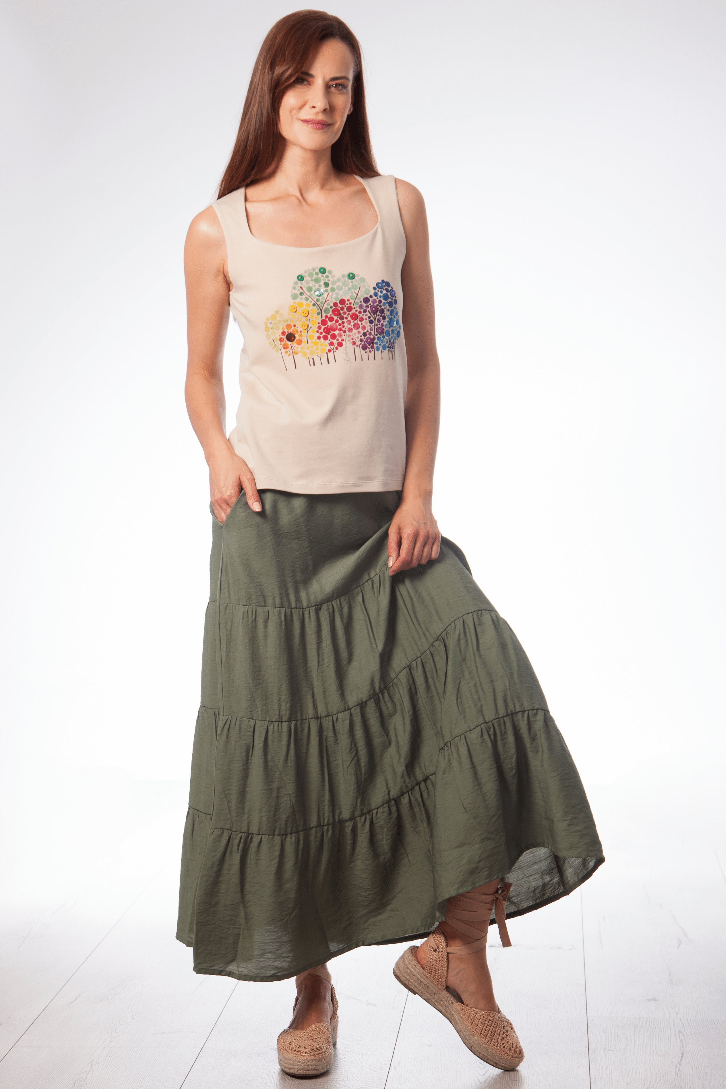Camiseta beige tirantes con arboles de strass multicolor Lolitas&L - lolitasyl.com