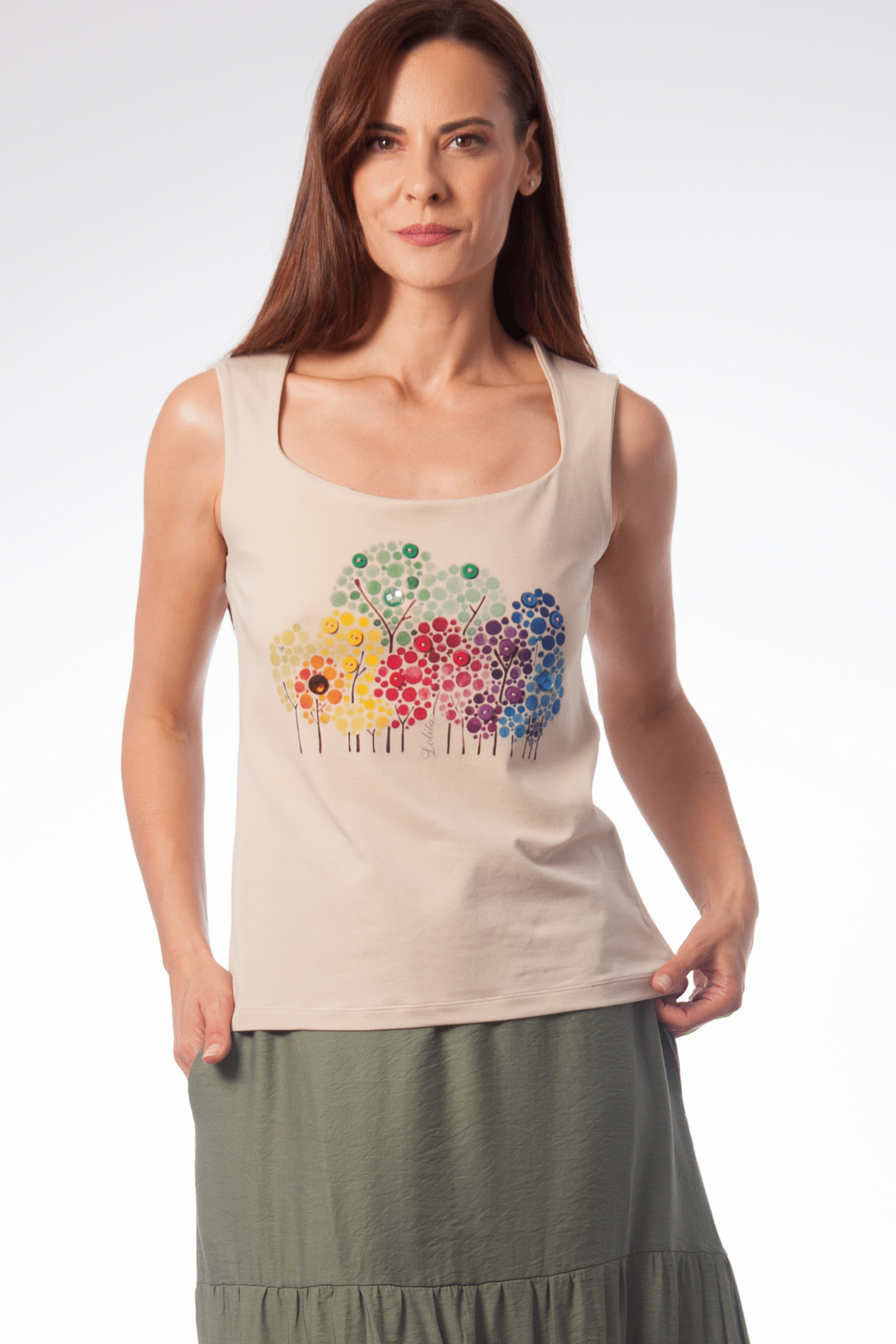 Camiseta beige tirantes con arboles de strass multicolor Lolitas&L - lolitasyl.com