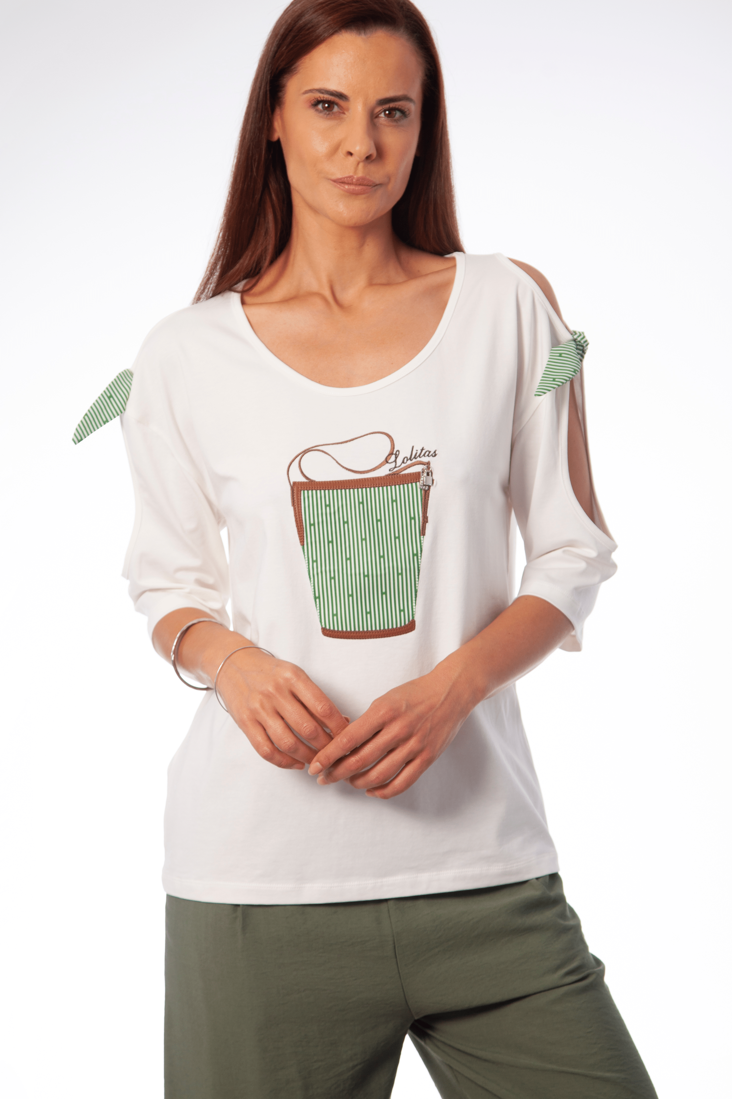 Camiseta blanca bolso mil rayas con hombros descubiertos Lolitas&L - lolitasyl.com