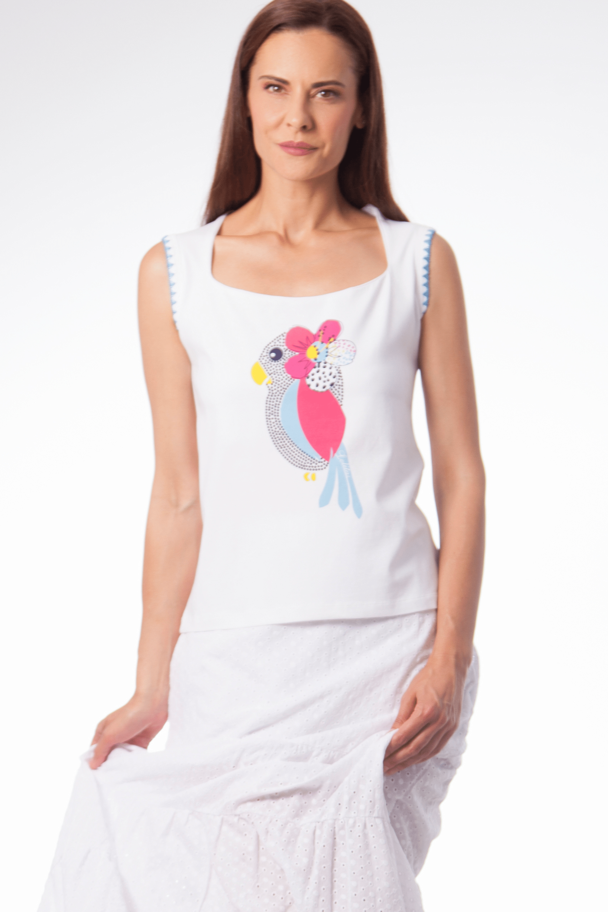 Camiseta blanca bordado pajaro colores Lolitas&L - lolitasyl.com