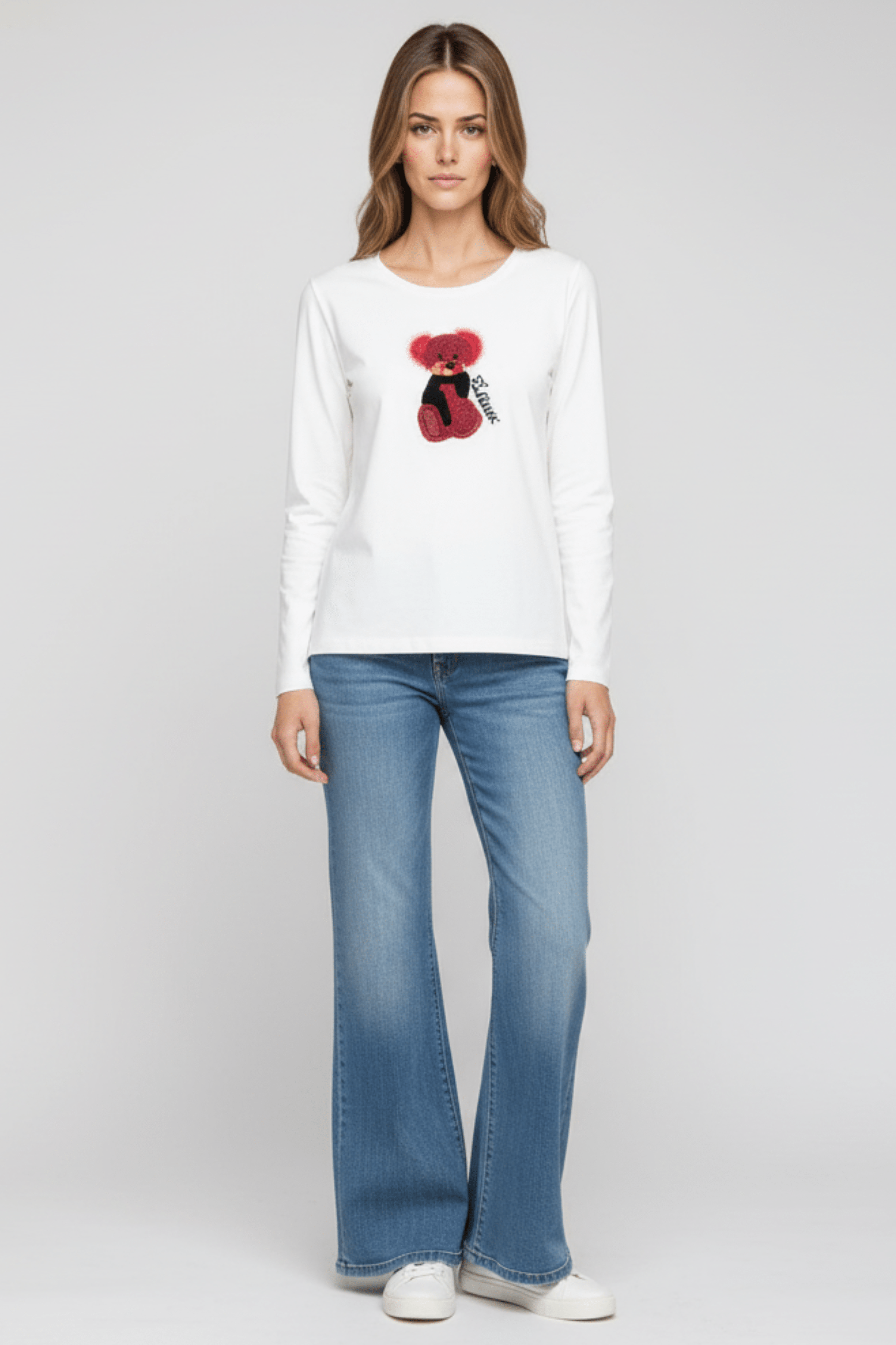 Camiseta blanca con osito fucsia bordado manga larga Lolitas&L - lolitasyl.com