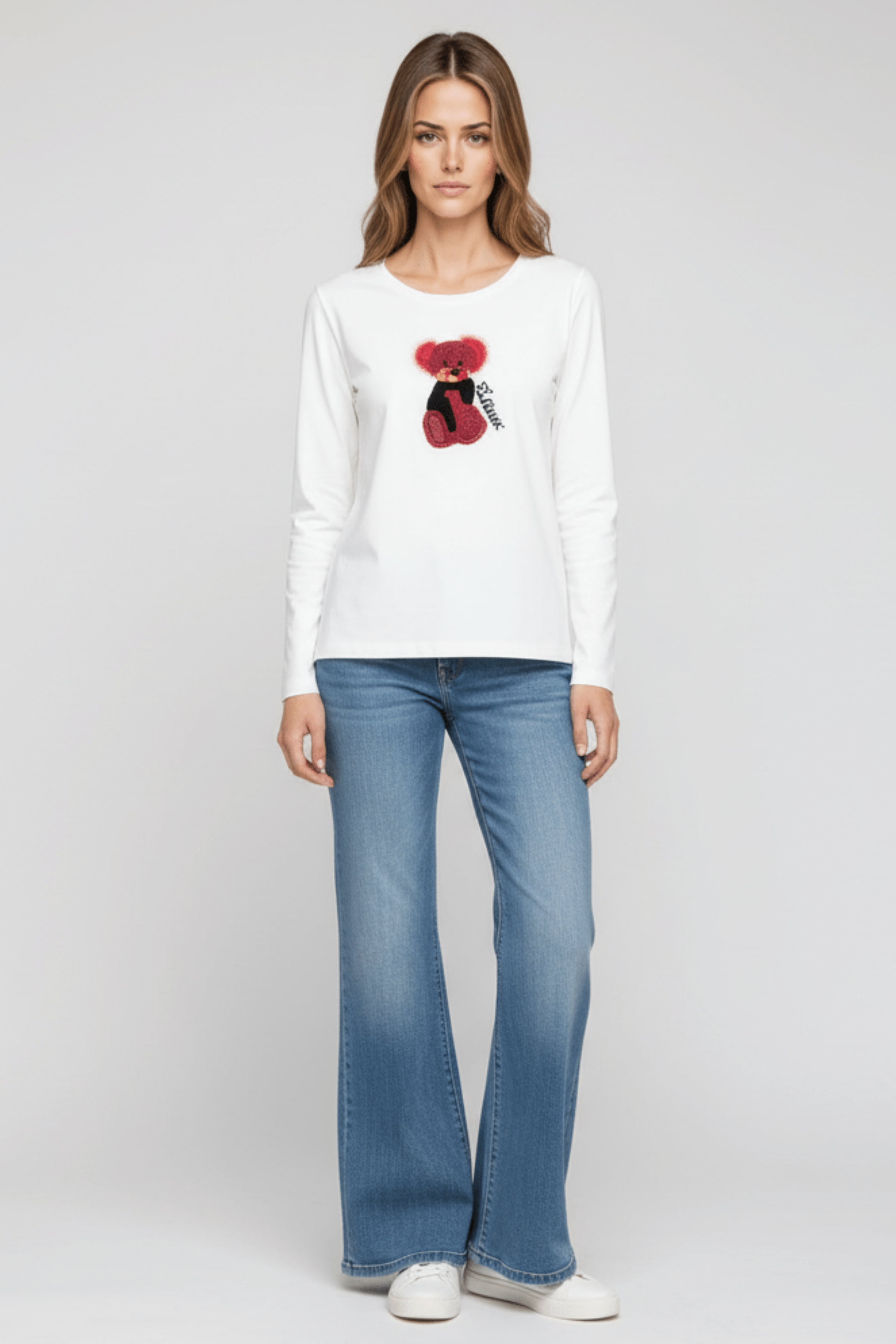 Camiseta blanca con osito fucsia bordado manga larga Lolitas&L - lolitasyl.com