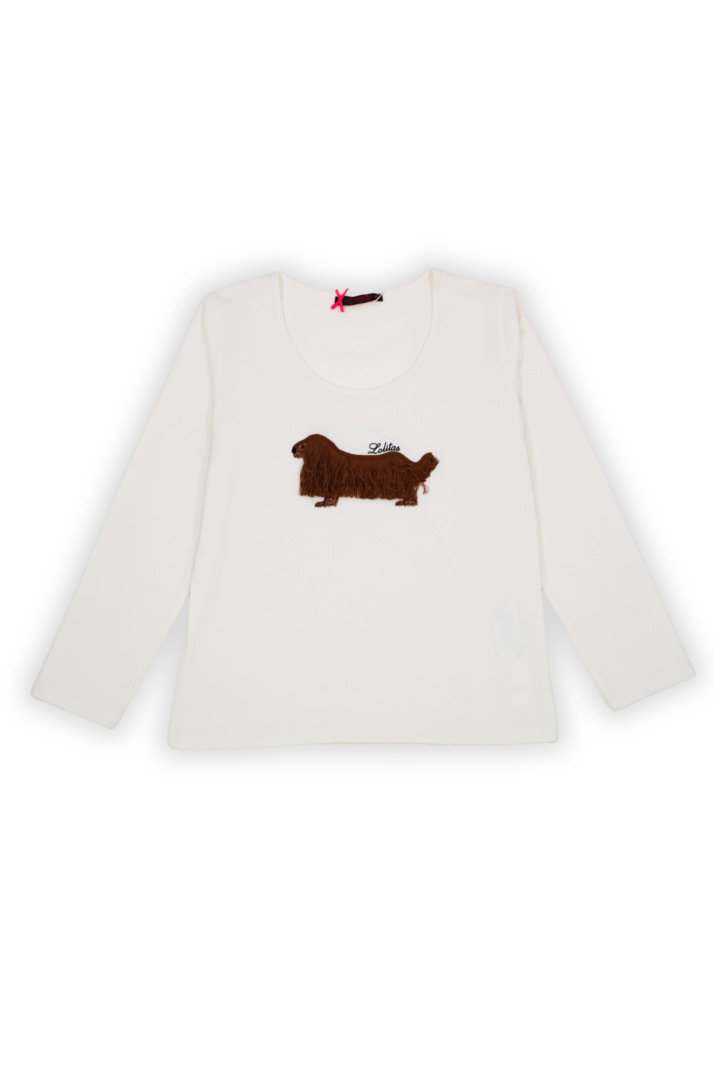 Camiseta blanca con perro bordado de flecos manga larga Lolitas&L - lolitasyl.com