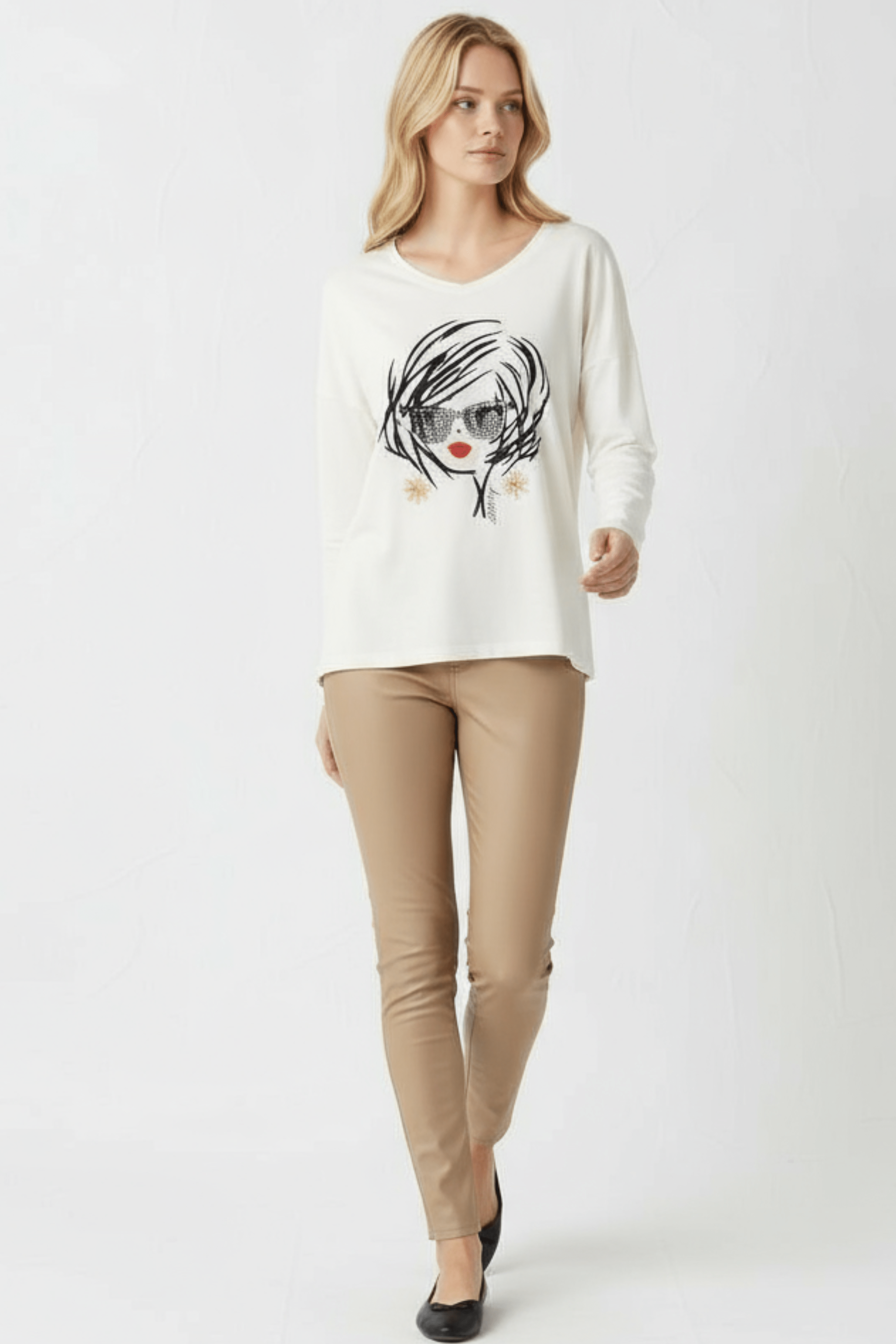 Camiseta blanca estampado cara con gafas manga larga Lolitas&L - lolitasyl.com