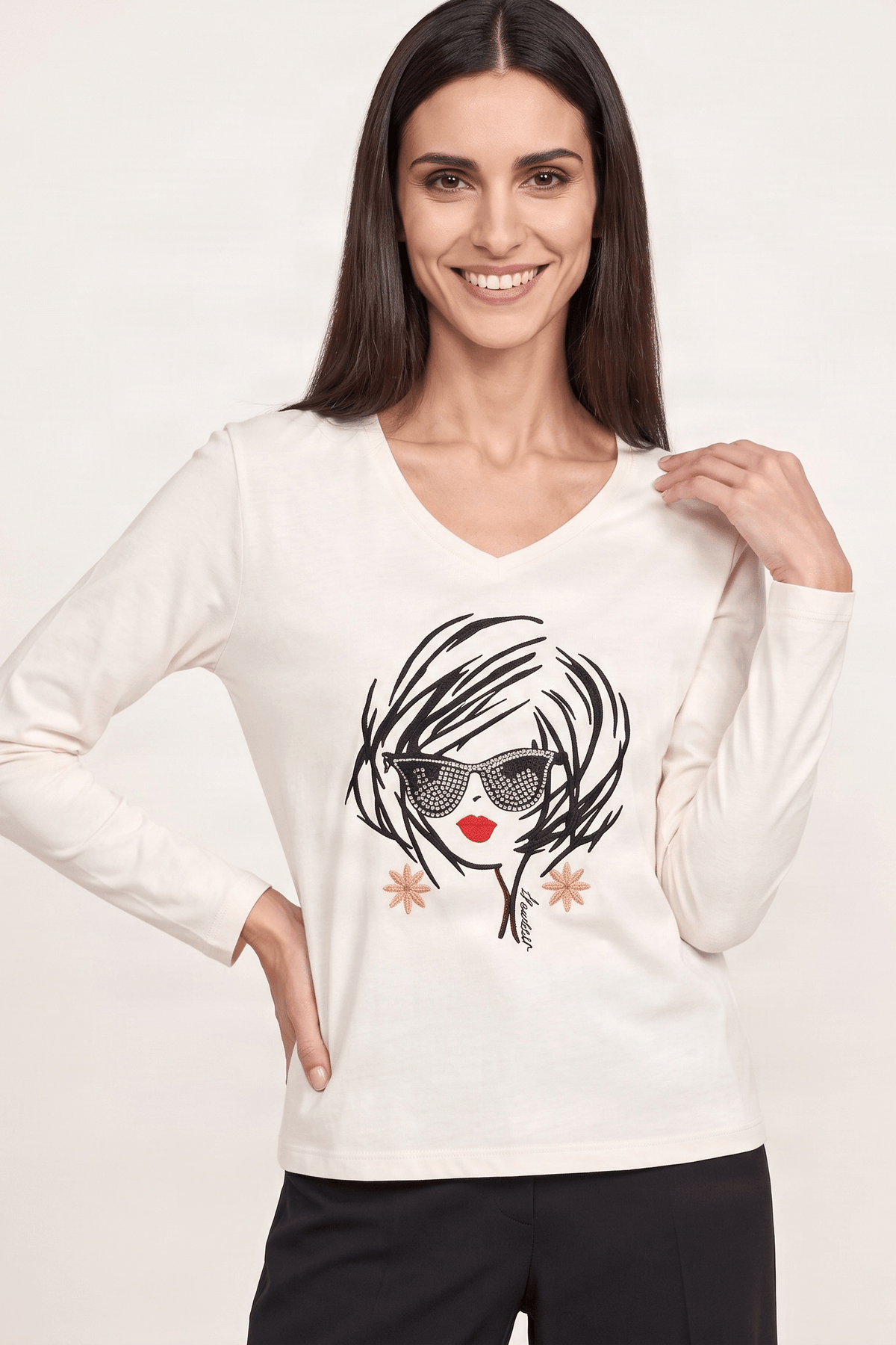 Camiseta blanca estampado cara con gafas manga larga Lolitas&L - lolitasyl.com