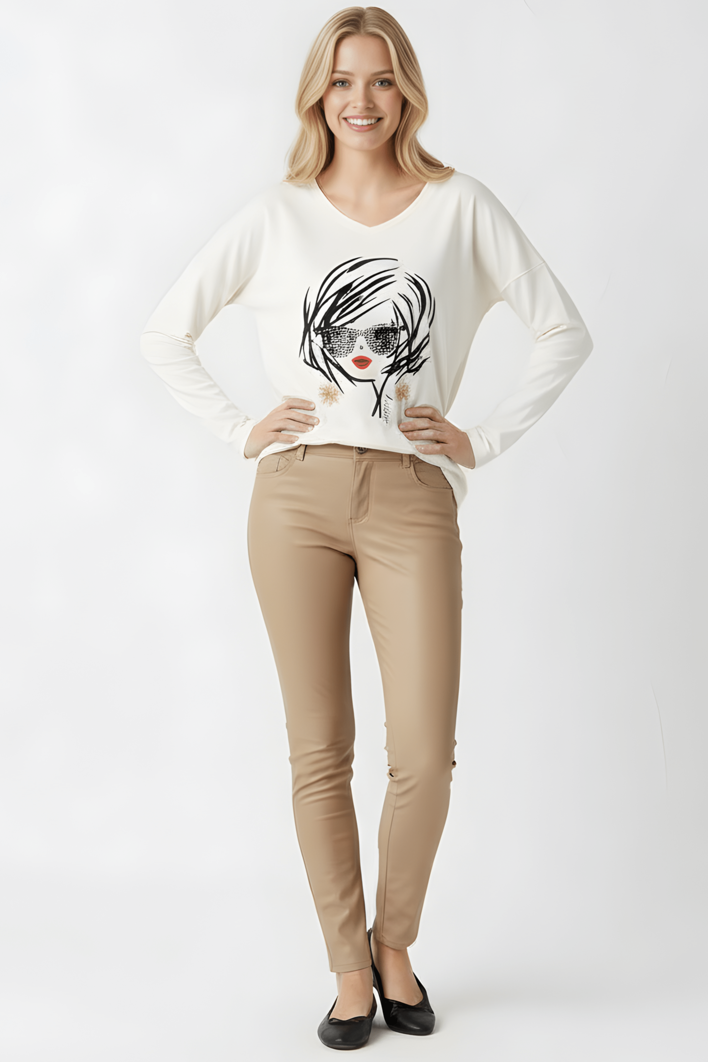 Camiseta blanca estampado cara con gafas manga larga Lolitas&L - lolitasyl.com