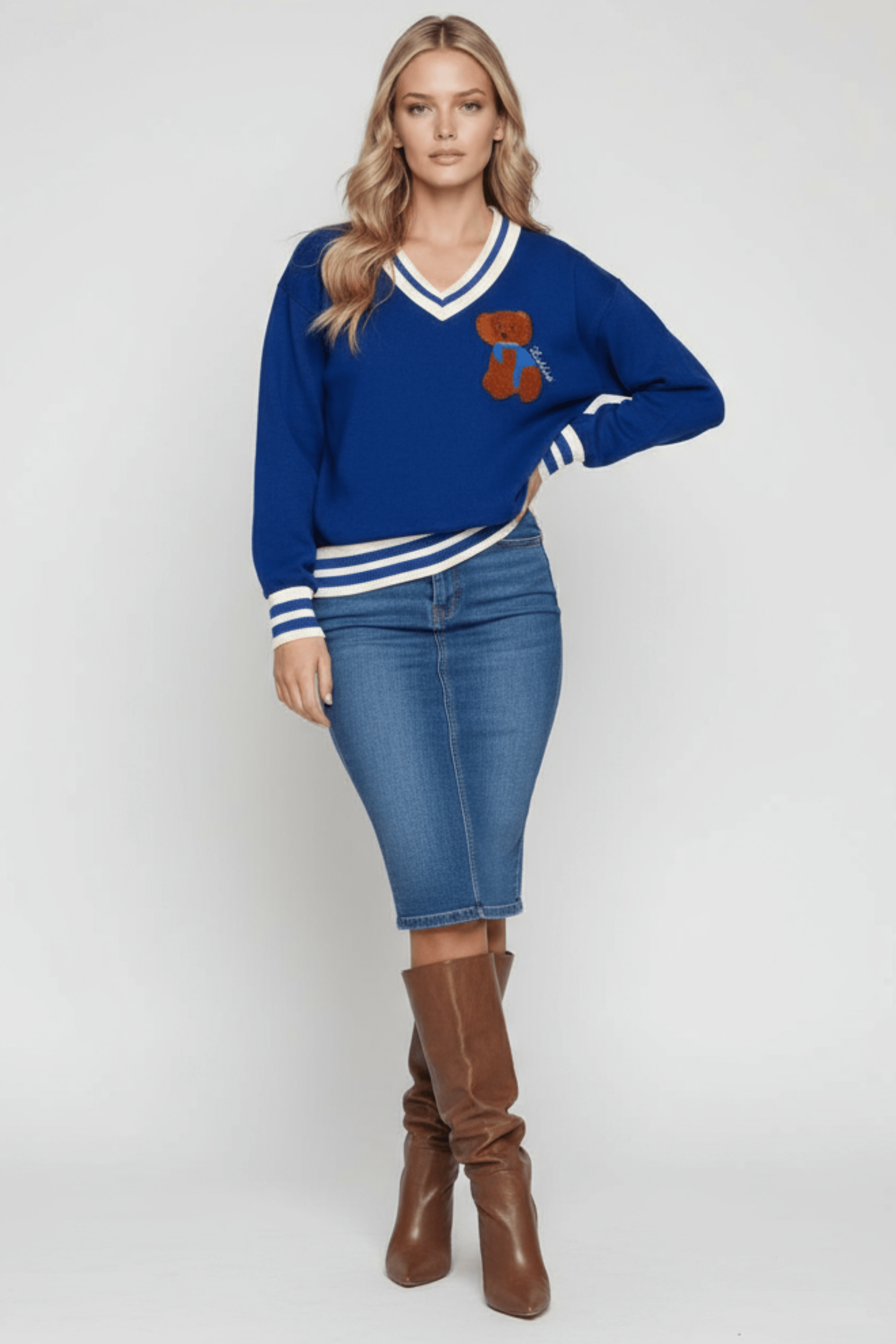 Camiseta de punto azul con elasticos y bordado osito Lolitas&L - lolitasyl.com