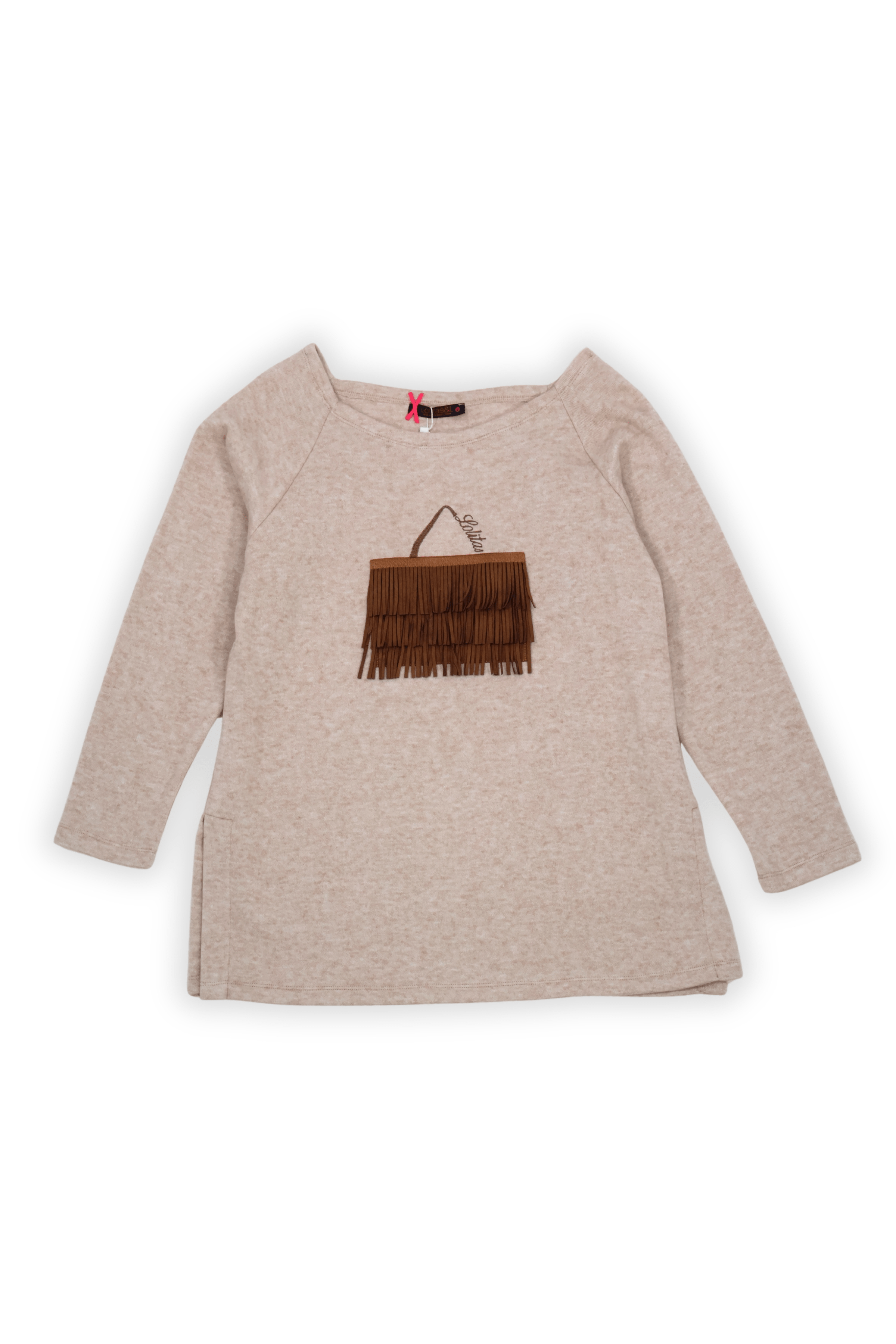 Camiseta de punto beige con bolsito de antelina flecos Lolitas&L - lolitasyl.com