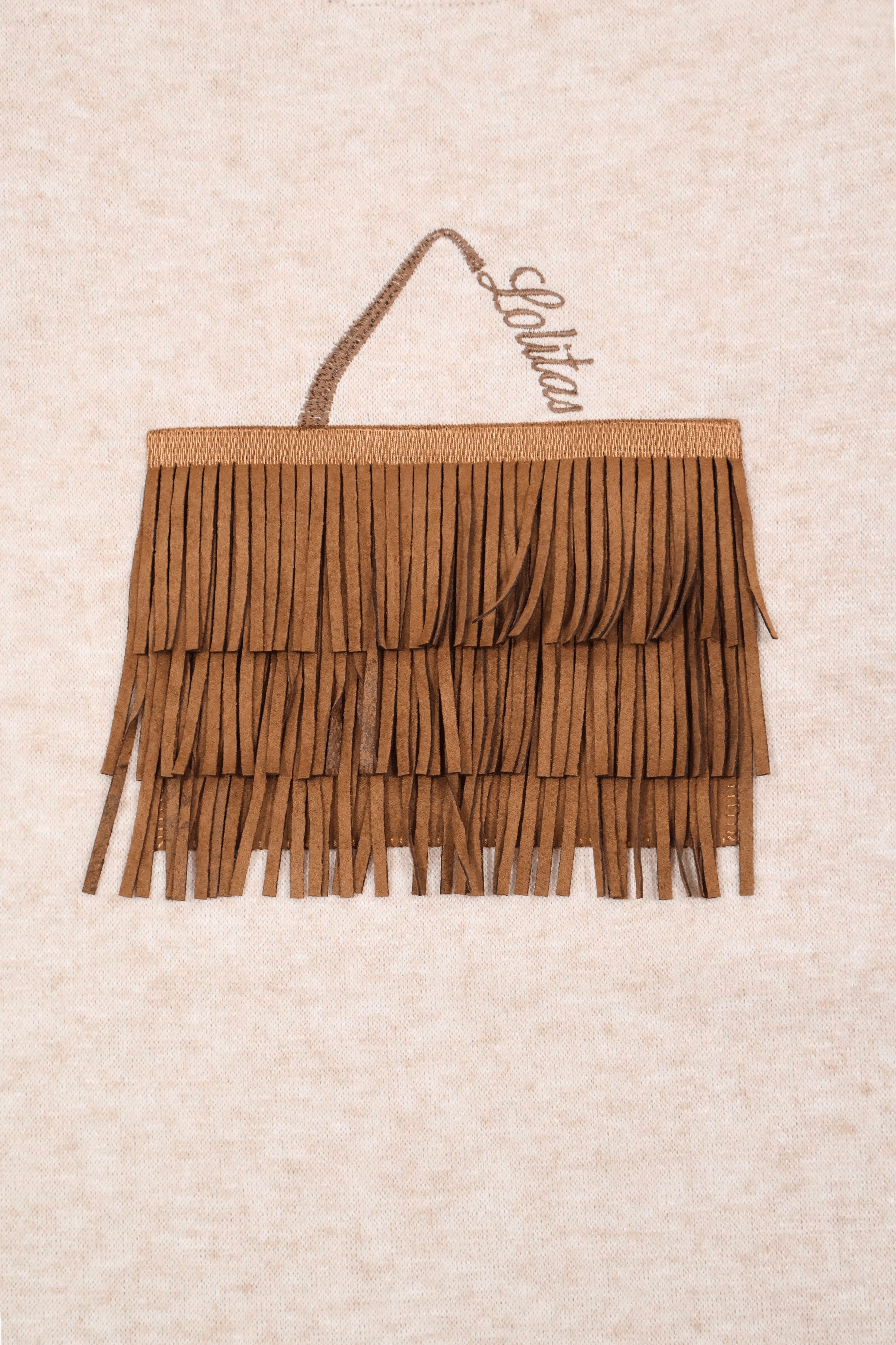 Camiseta de punto beige con bolsito de antelina flecos Lolitas&L - lolitasyl.com