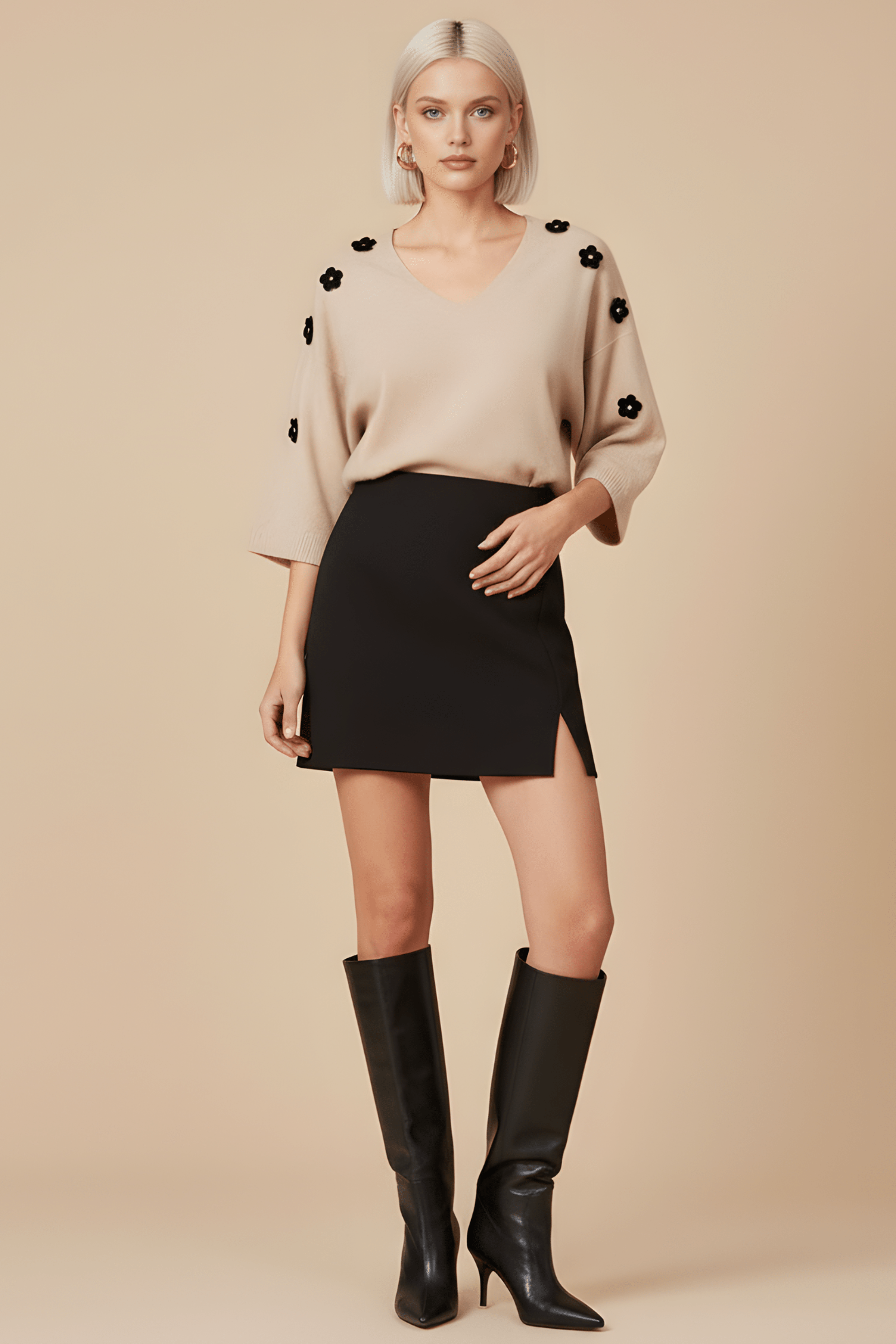 Camiseta de punto beige murcielago con flores antelina Lolitas&L - lolitasyl.com