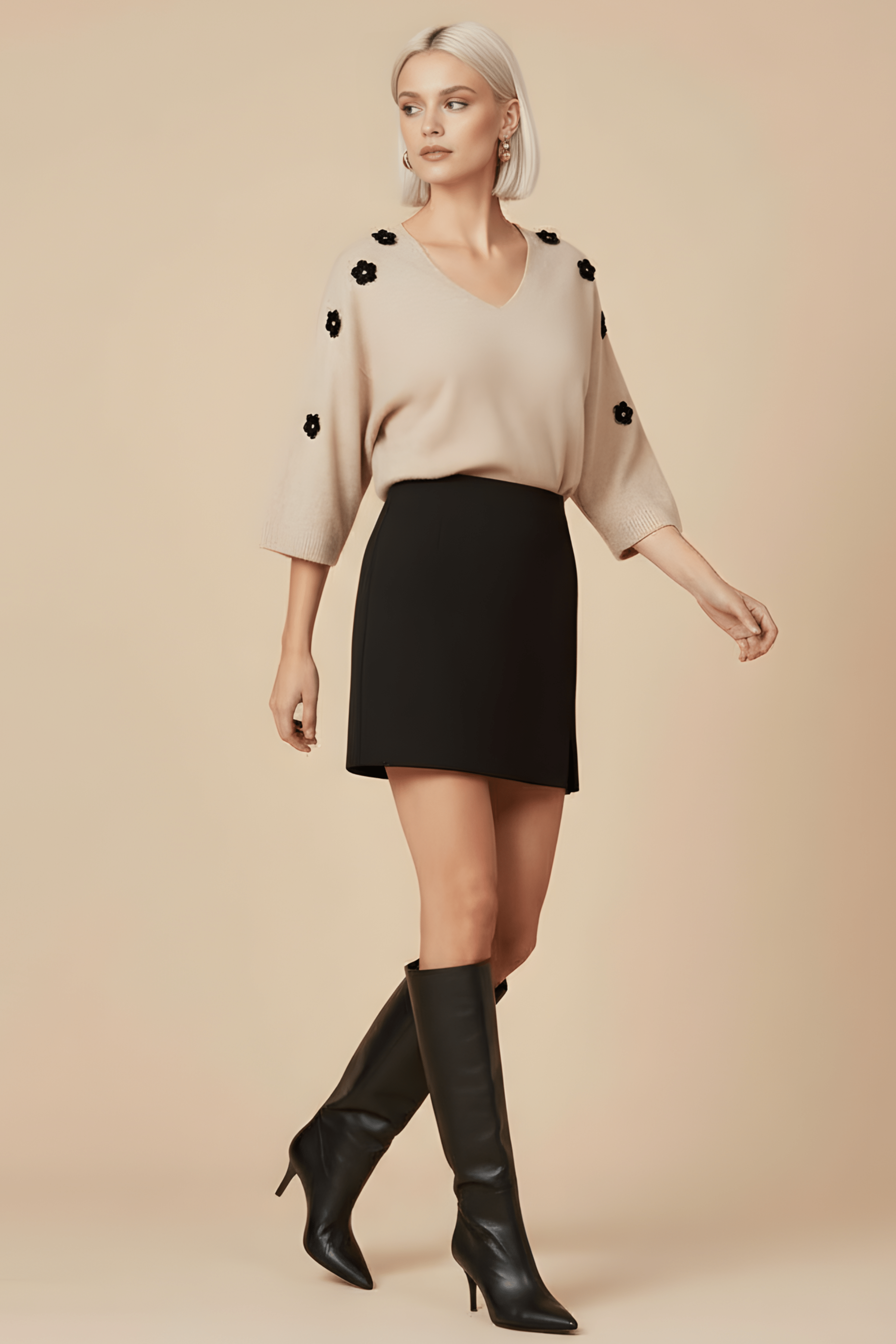 Camiseta de punto beige murcielago con flores antelina Lolitas&L - lolitasyl.com