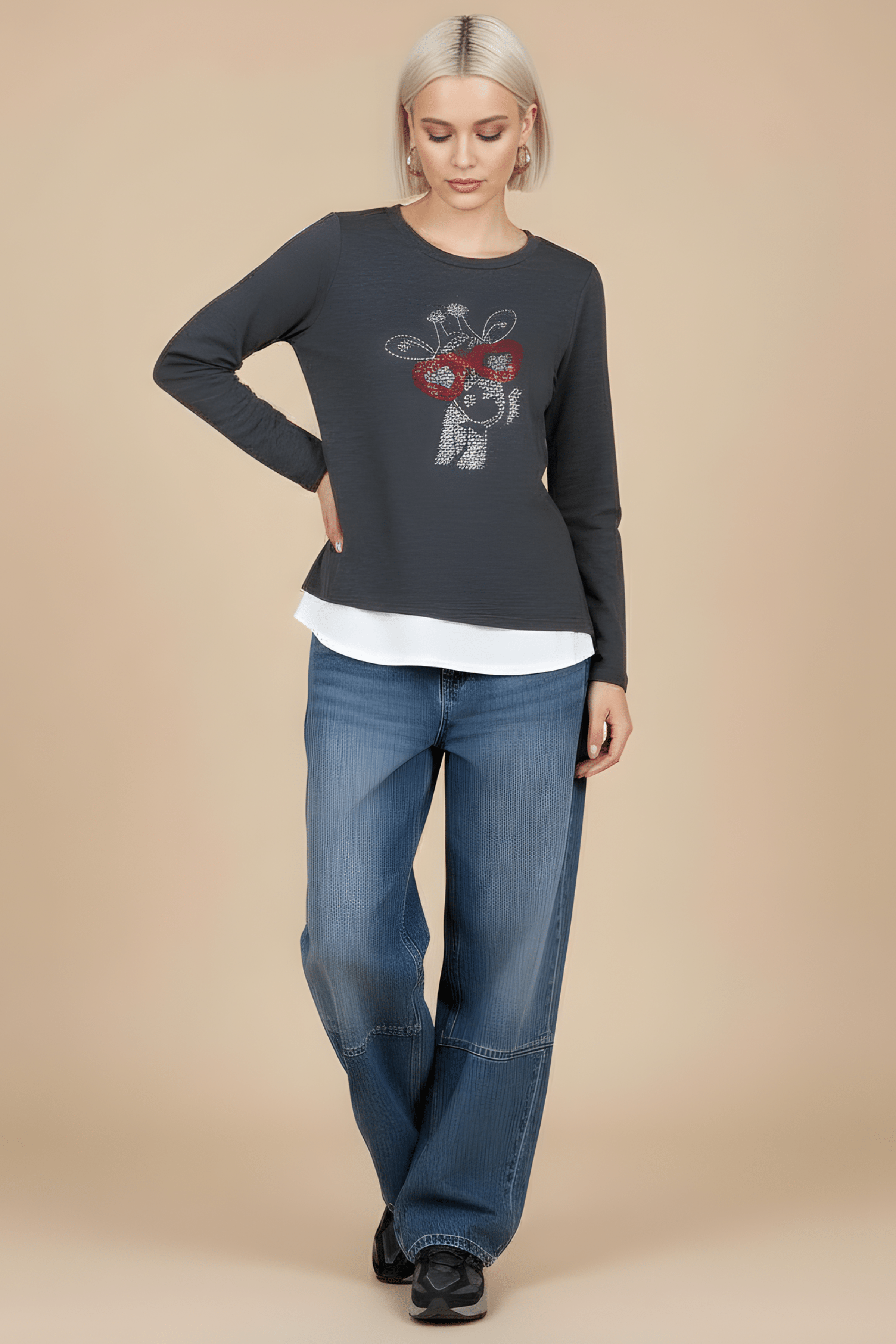 Camiseta gris antracita con girafa strass de manga larga Lolitas&L - lolitasyl.com