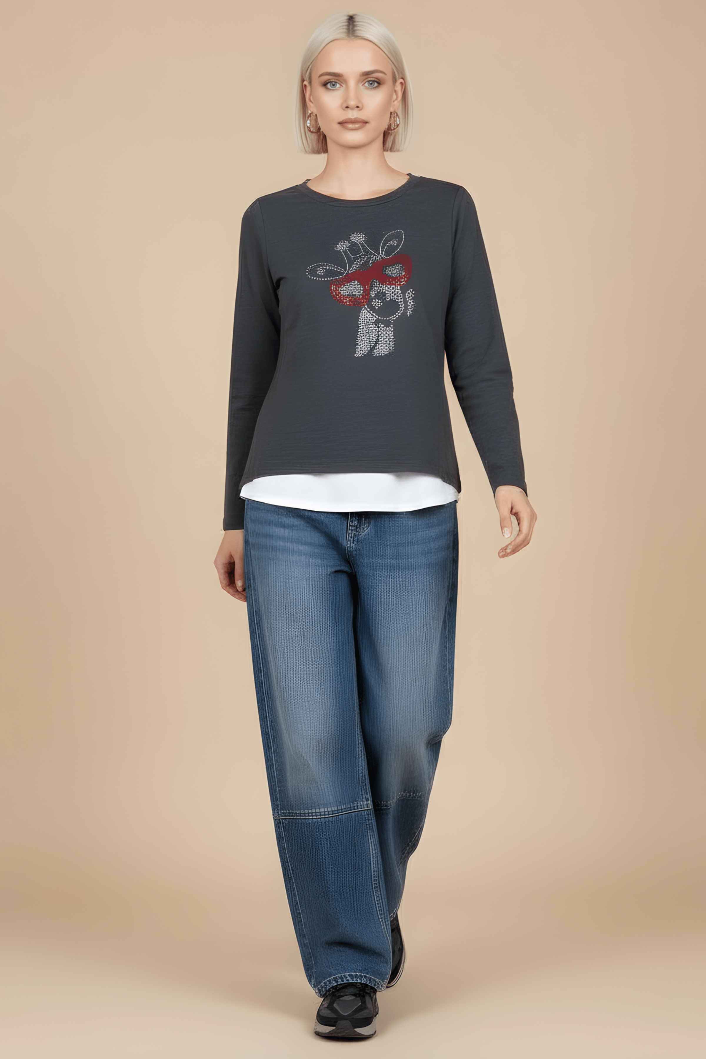 Camiseta gris antracita con girafa strass de manga larga Lolitas&L - lolitasyl.com