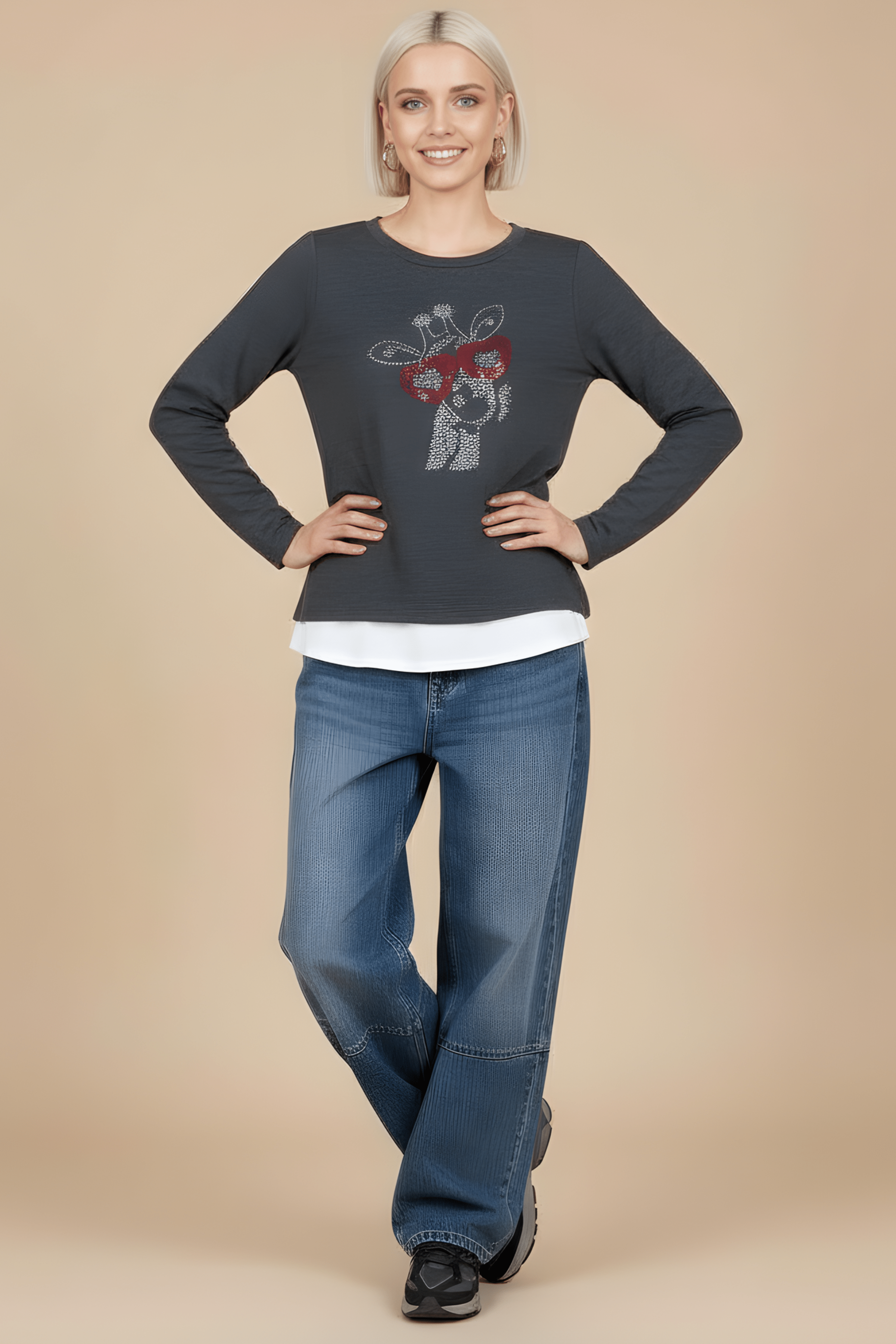 Camiseta gris antracita con girafa strass de manga larga Lolitas&L - lolitasyl.com