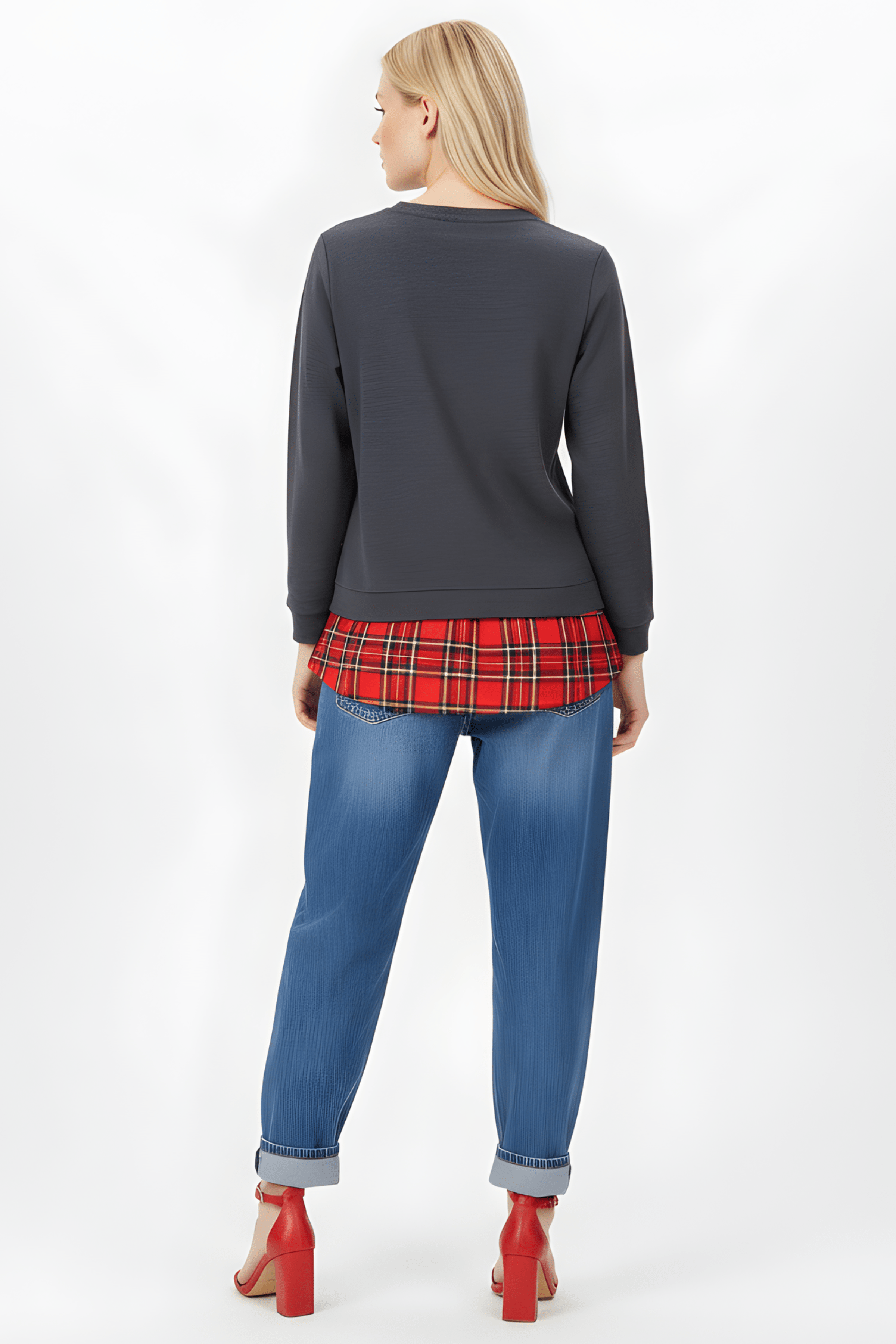 Camiseta gris con estampado muñeca y lazo cuadro escoces Lolitas&L - lolitasyl.com