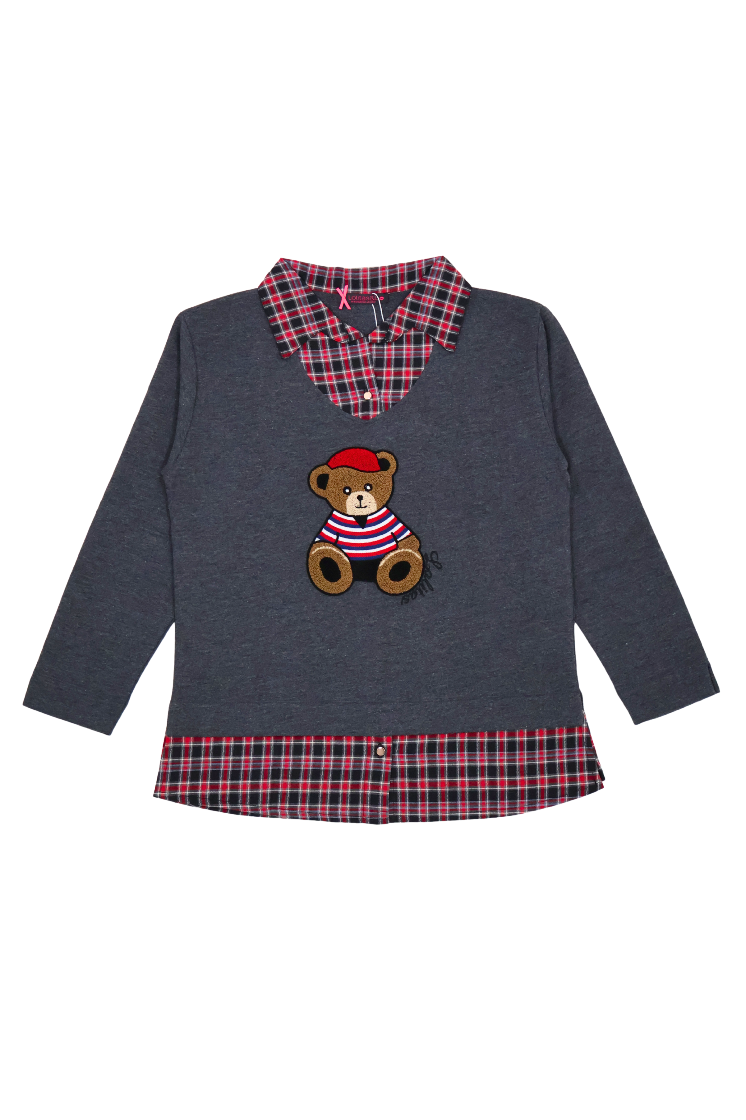 Camiseta gris con cuadro escoces verde y bordado osito Lolitas&L