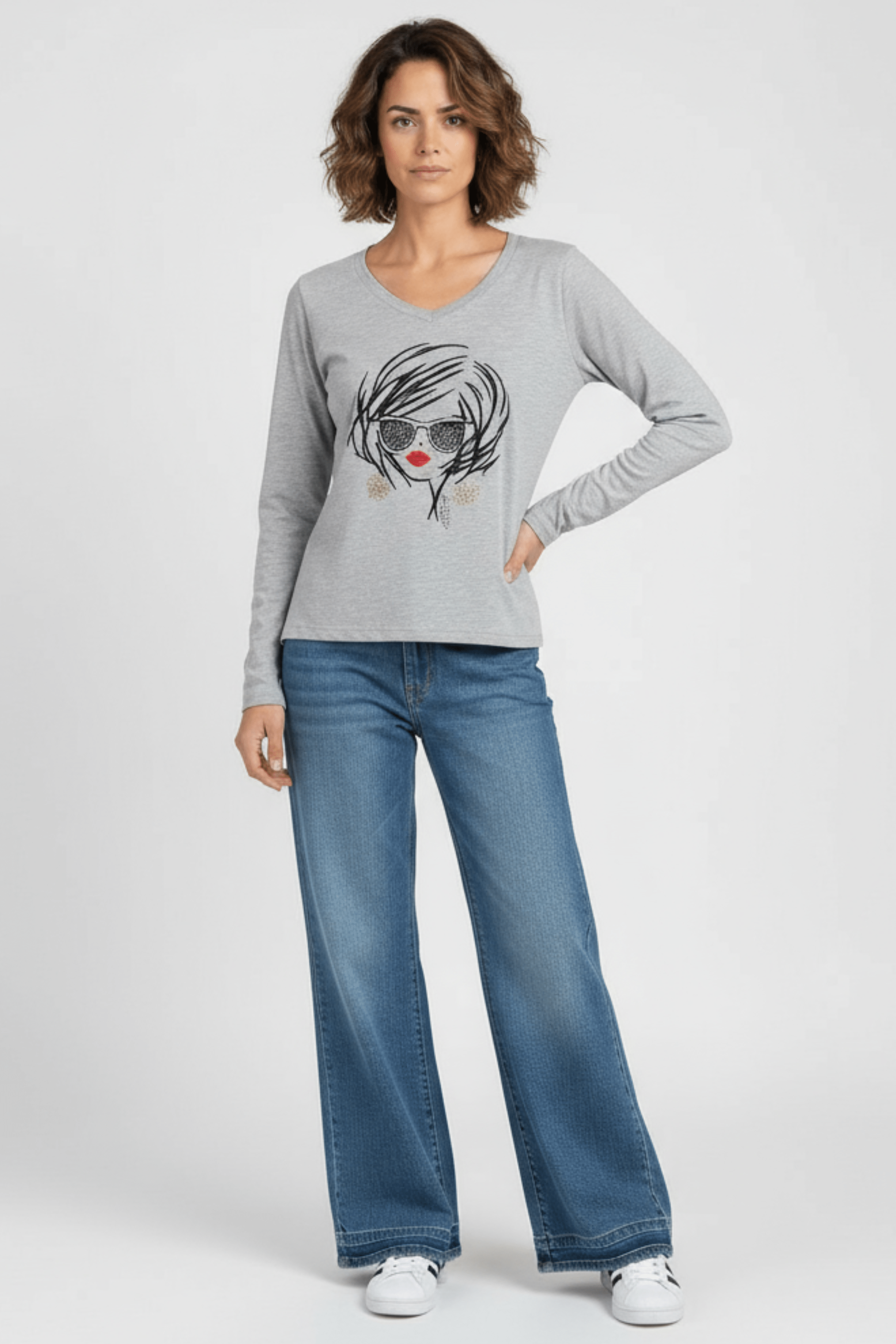 Camiseta gris estampado cara con gafas manga larga Lolitas&L - lolitasyl.com