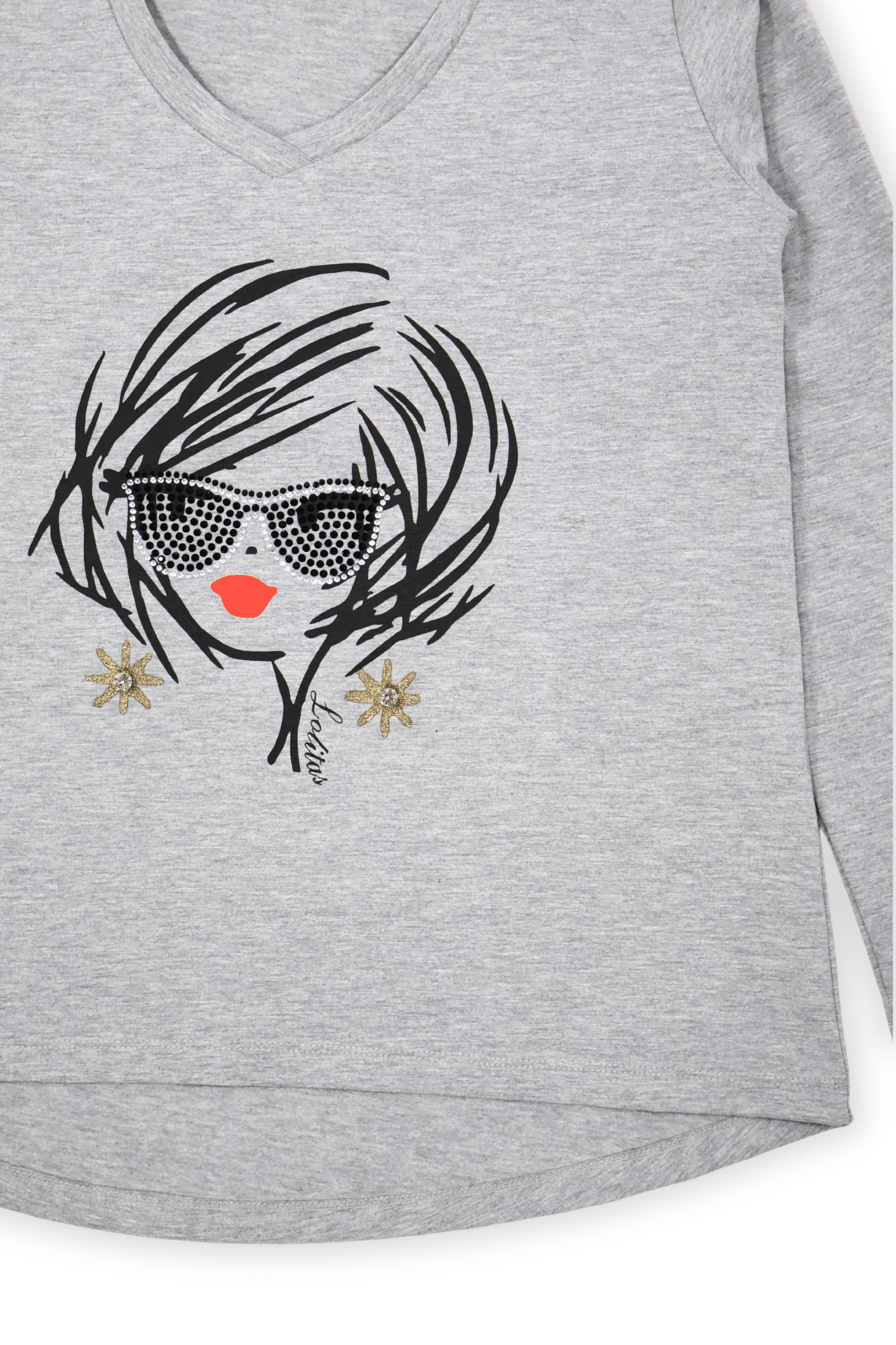 Camiseta gris estampado cara con gafas manga larga Lolitas&L - lolitasyl.com