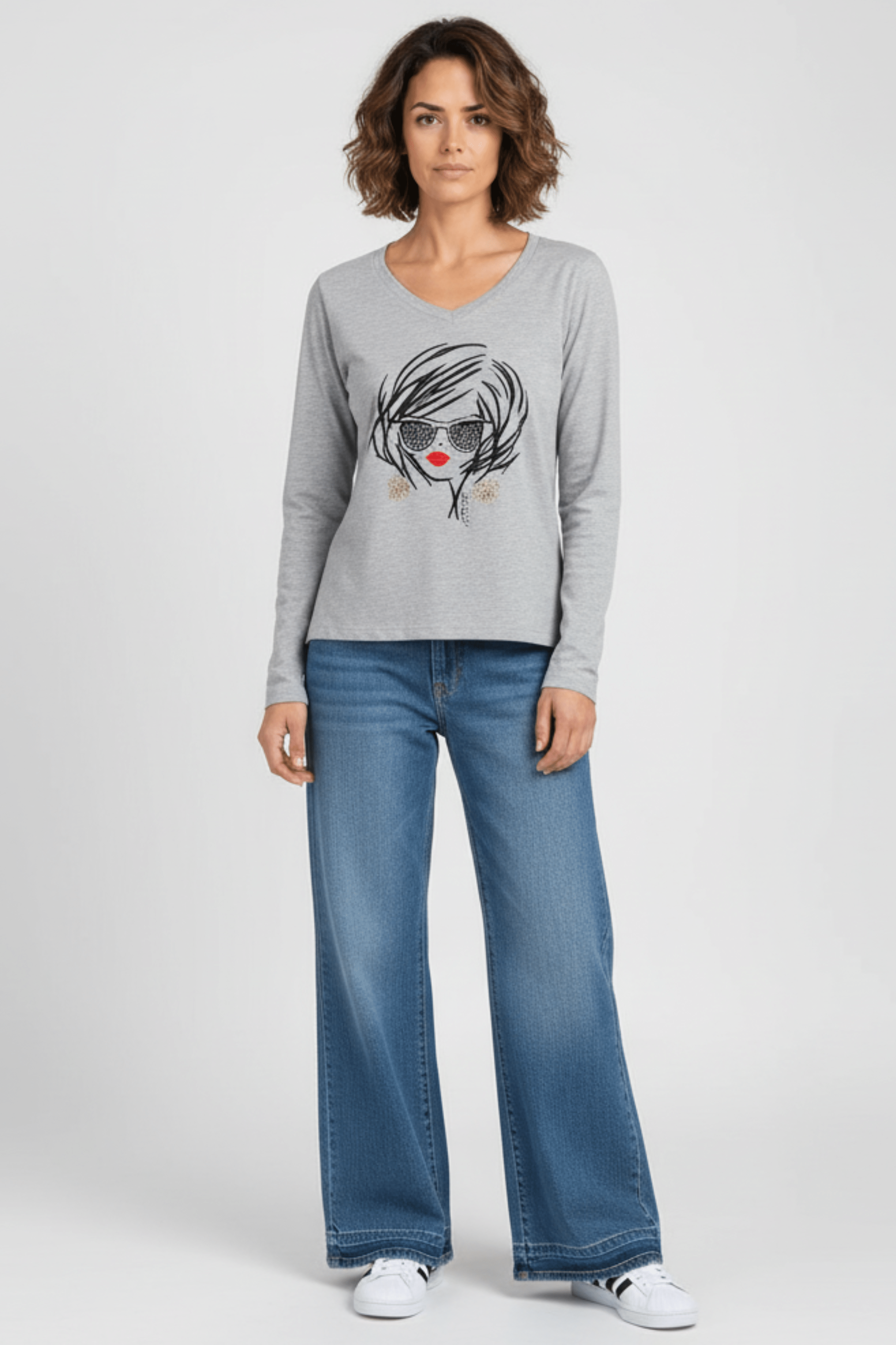 Camiseta gris estampado cara con gafas manga larga Lolitas&L - lolitasyl.com