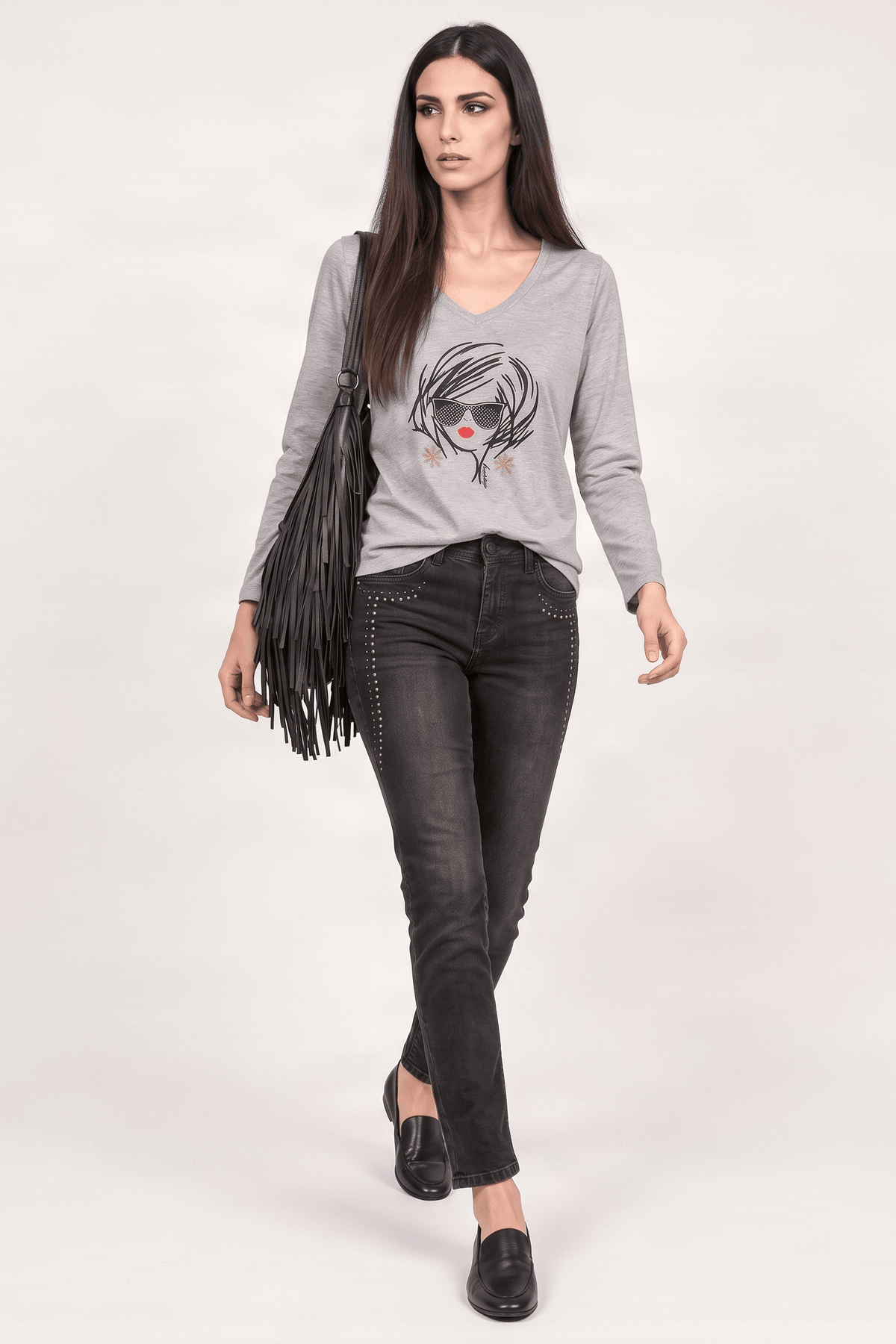 Camiseta gris estampado cara con gafas manga larga Lolitas&L - lolitasyl.com