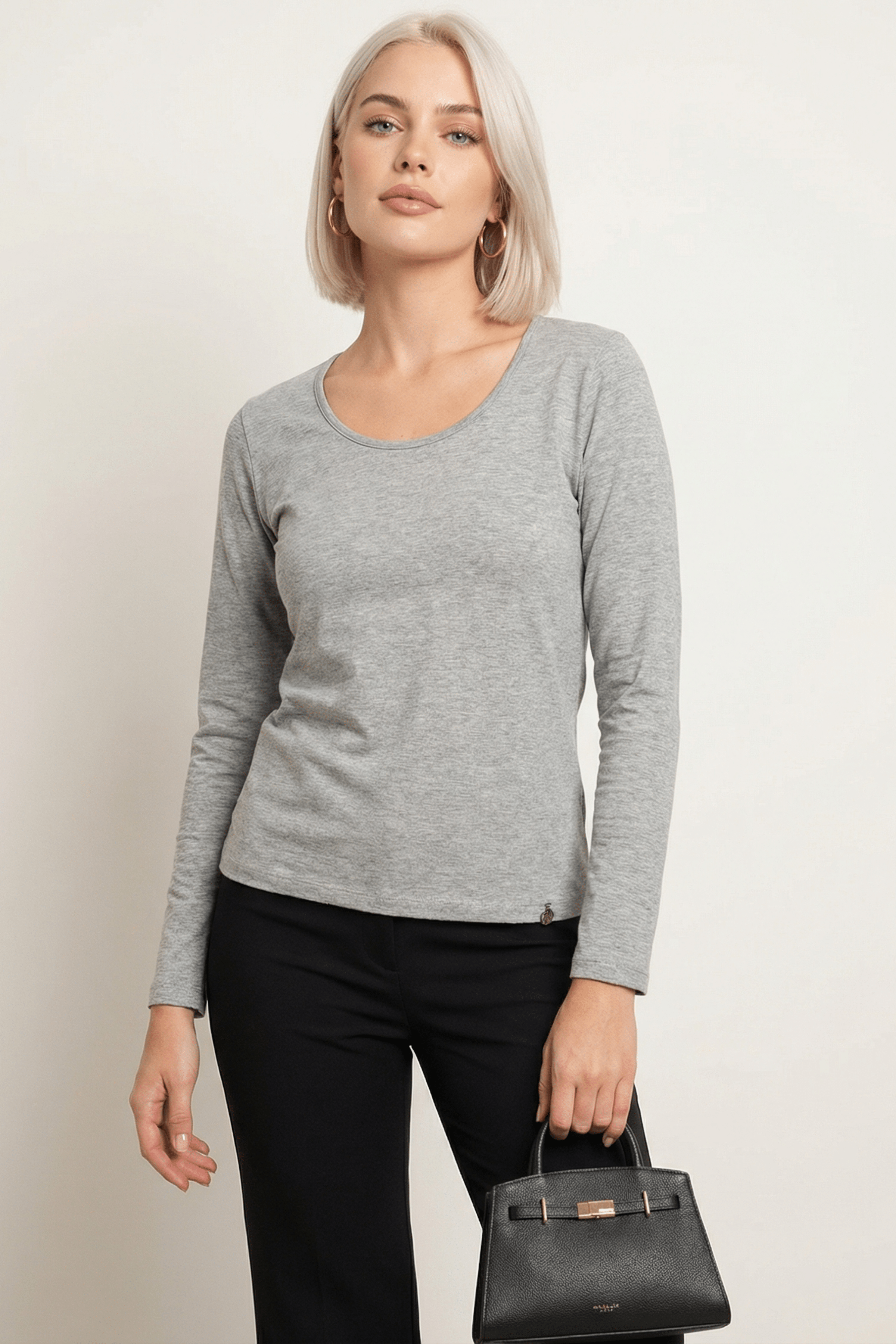 Camiseta gris vigore basica con escote collar y manga larga Lolitas&L - lolitasyl.com