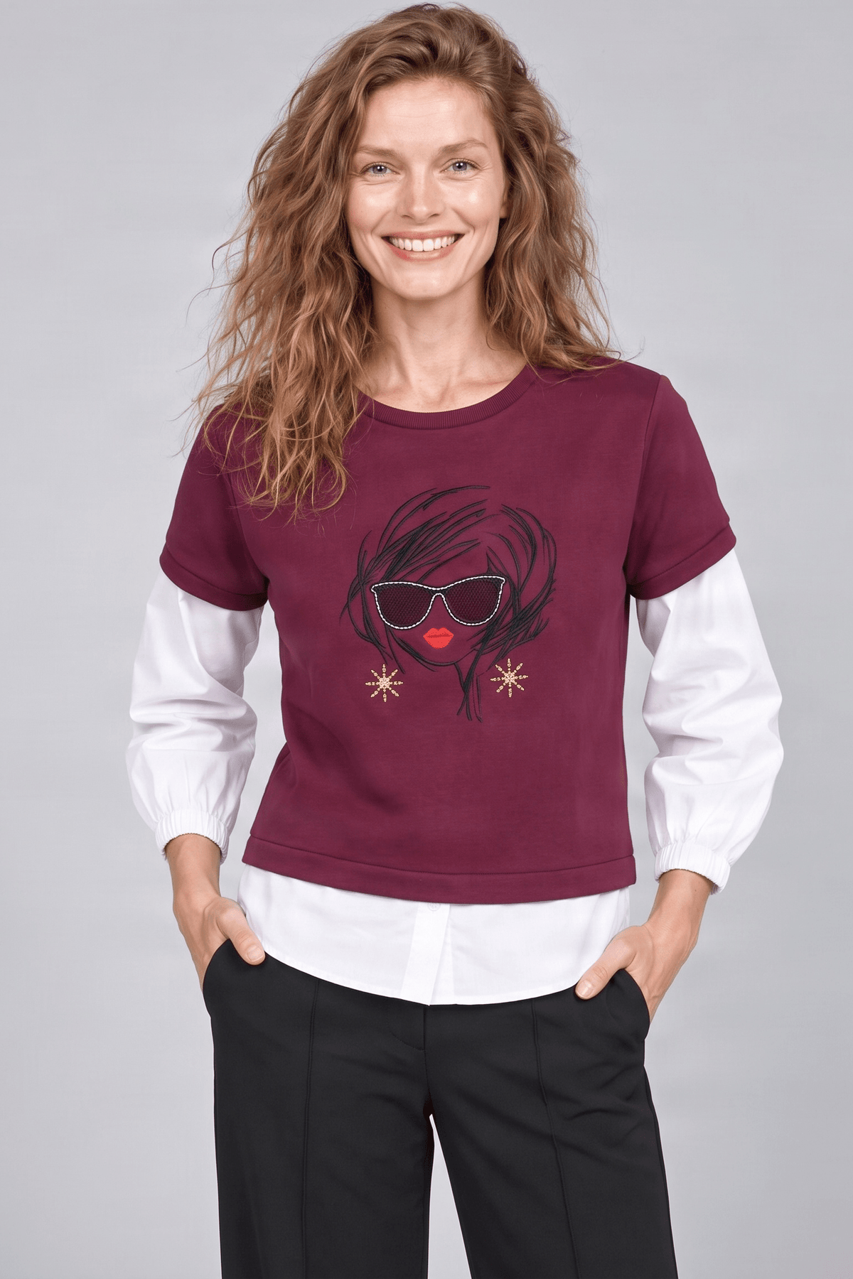 Camiseta morada con mangas camiseras y estampado gafas Lolitas&L - lolitasyl.com