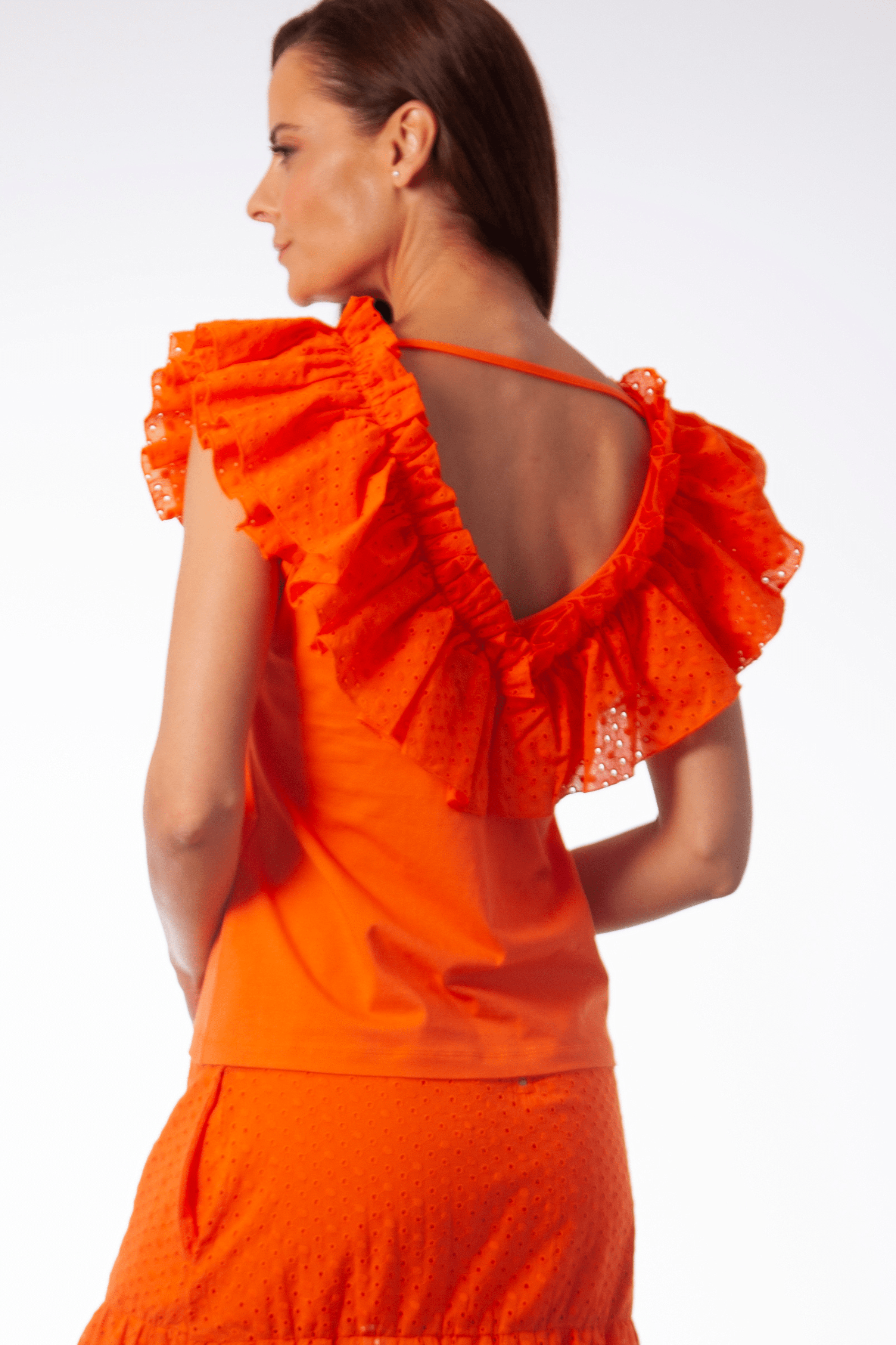 Camiseta naranja con volante bordado ingles en escote Lolitas&L - lolitasyl.com