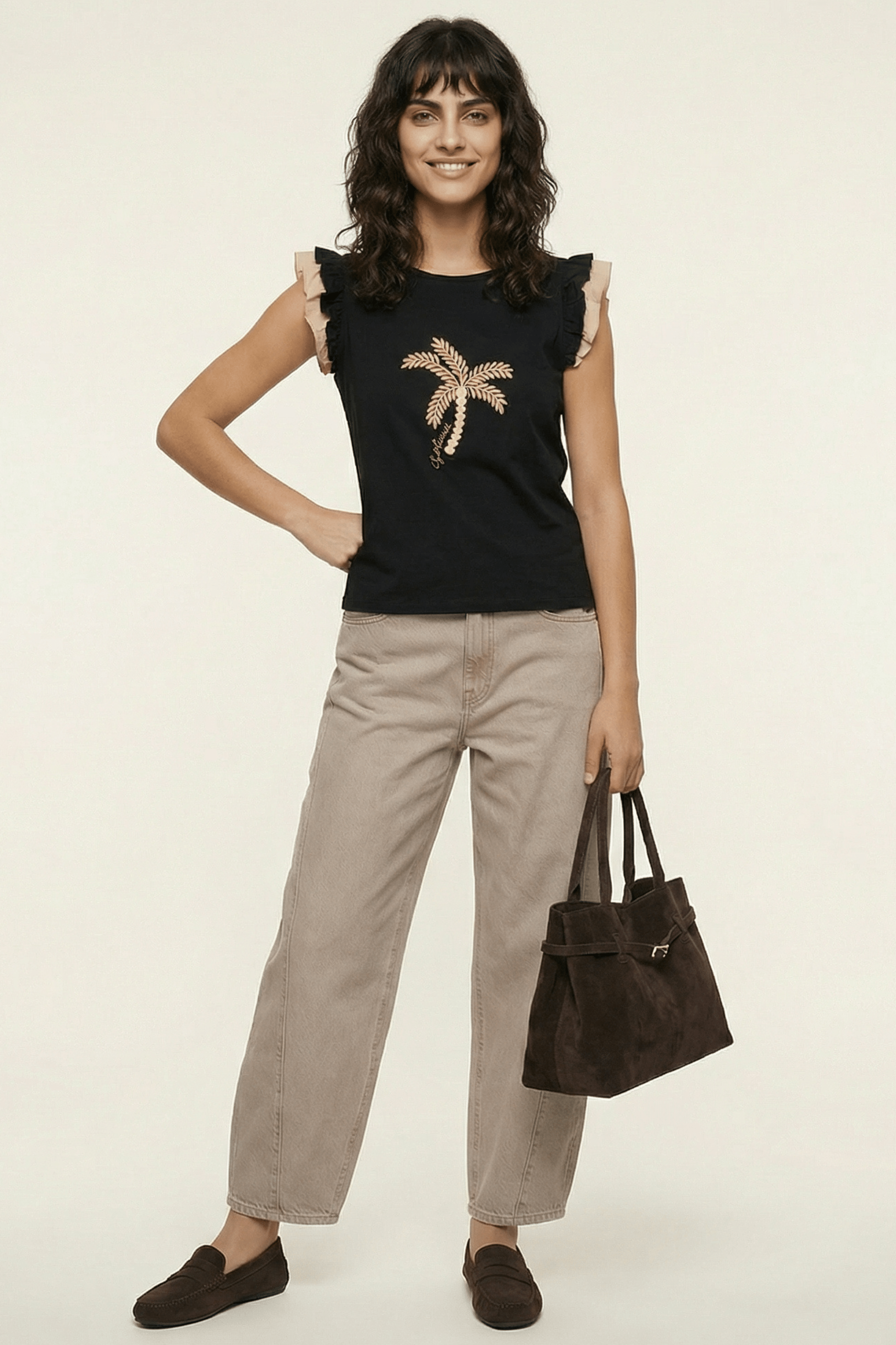 Camiseta negra bordado palmera con volantes Lolitas&L - lolitasyl.com