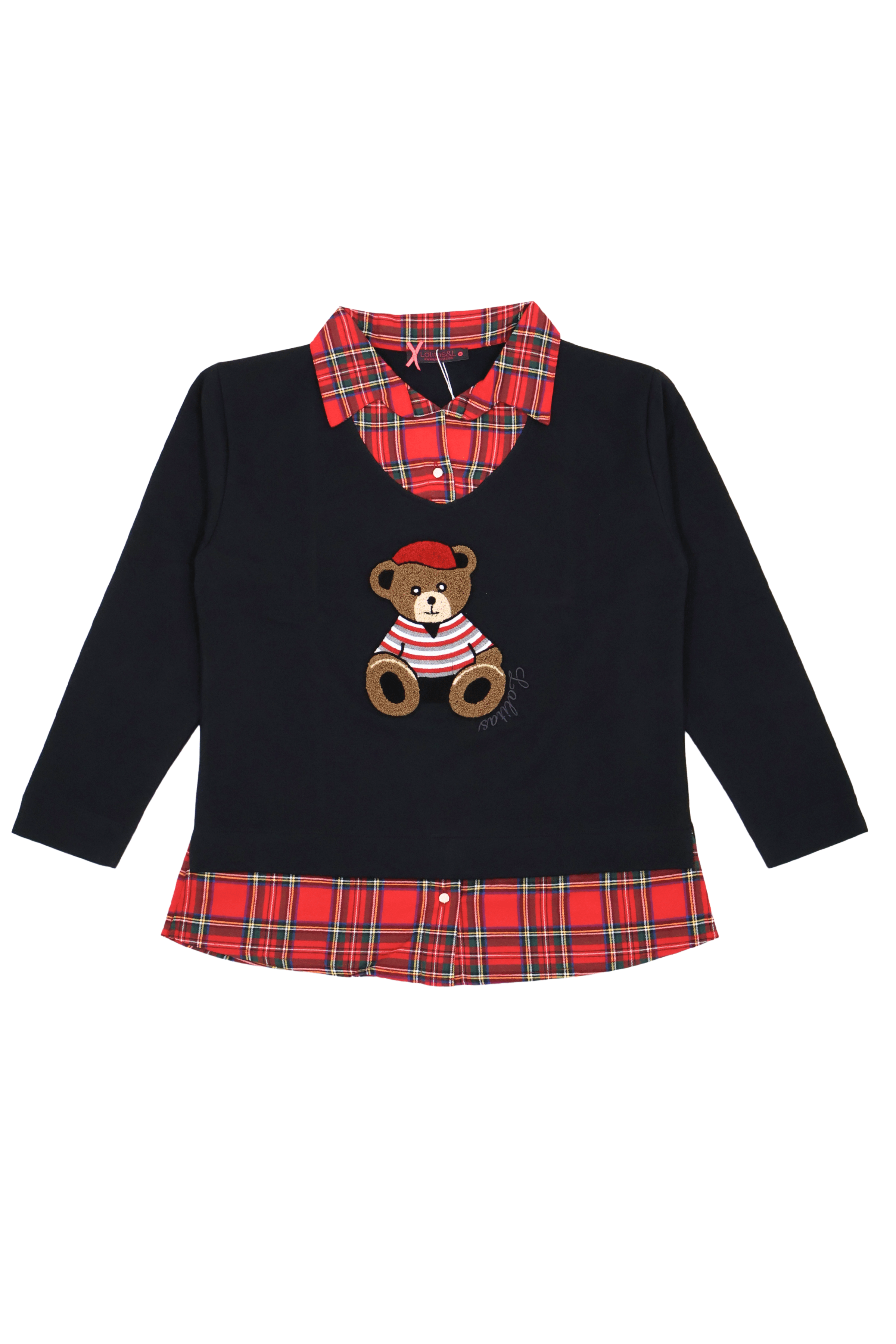 Camiseta negra con cuadro escoces verde y bordado osito Lolitas&L - lolitasyl.com