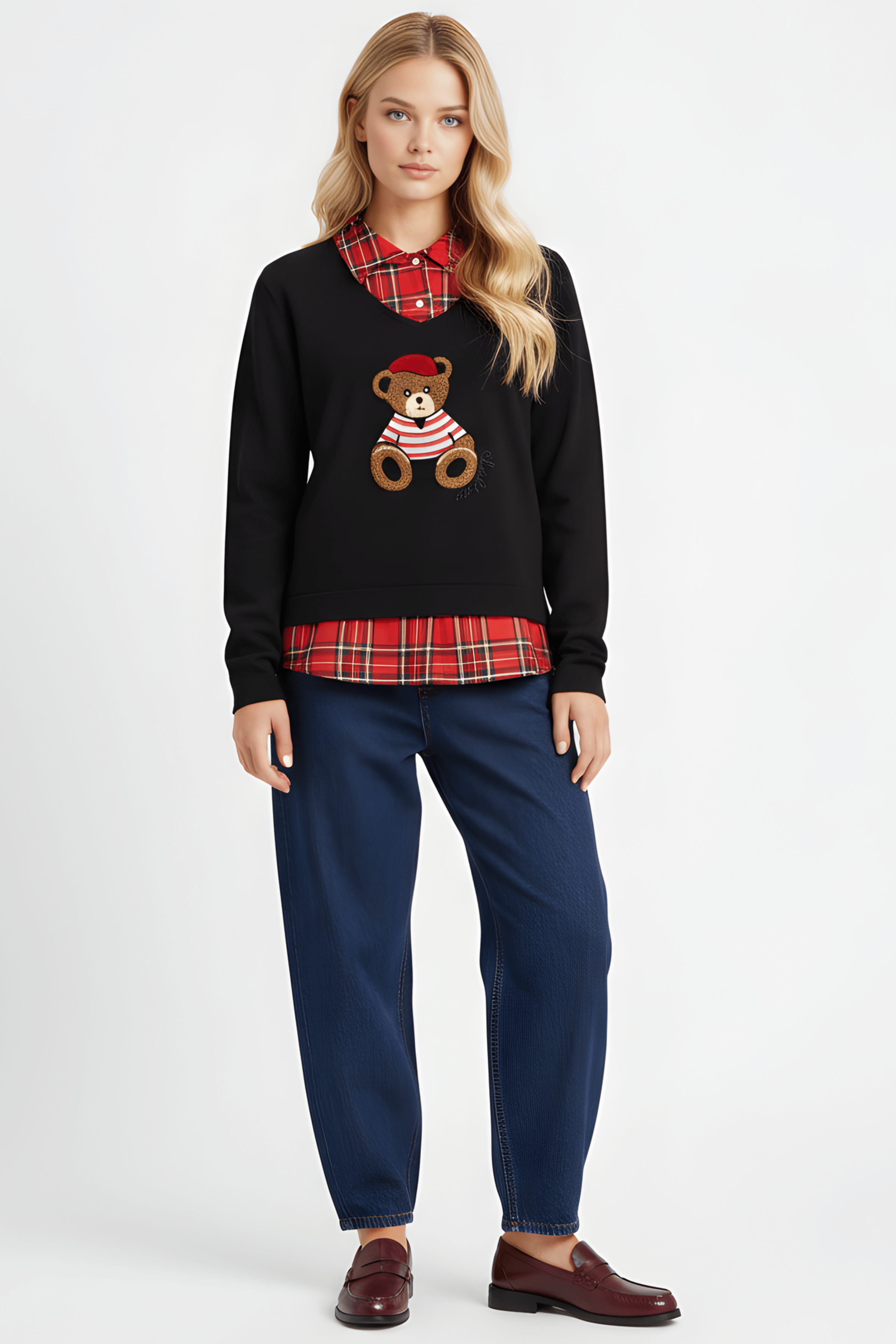 Camiseta negra con cuadro escoces verde y bordado osito Lolitas&L - lolitasyl.com