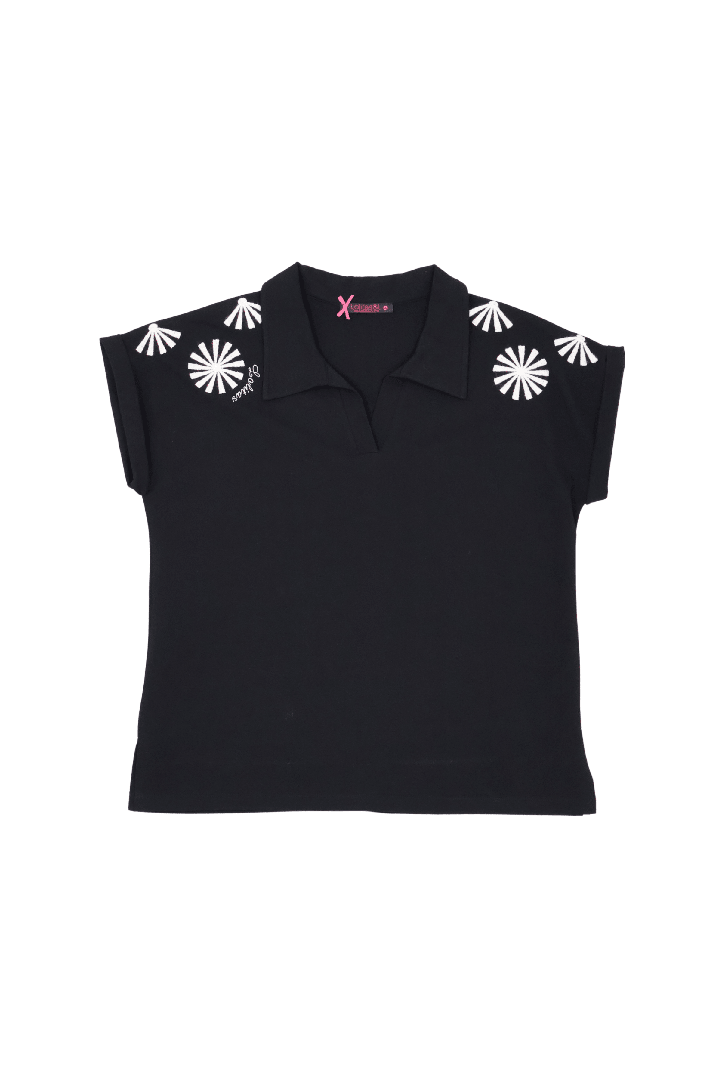 Camiseta negra polo con bordado mandala en contraste Lolitas&L - lolitasyl.com