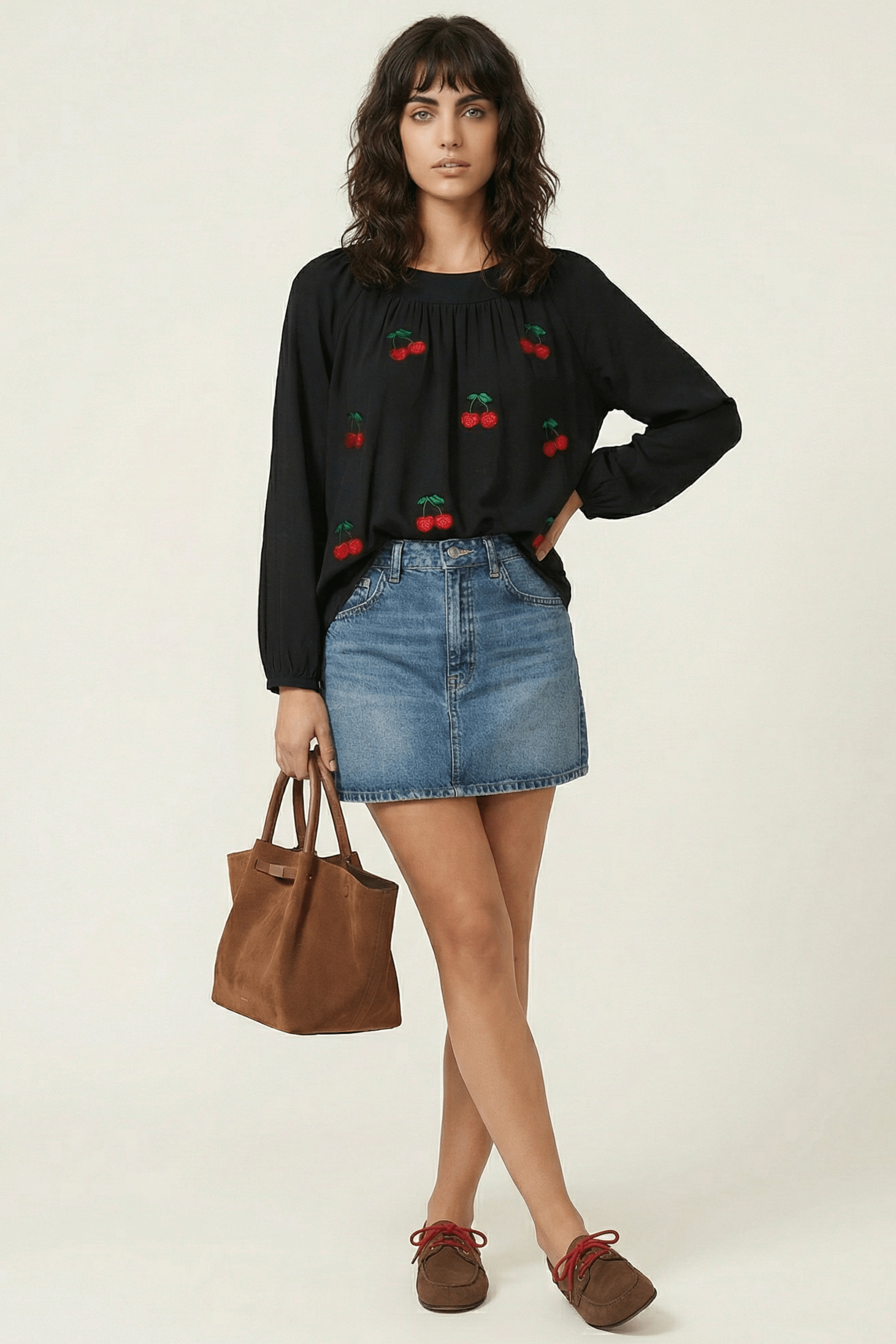 Camiseta negra raglan con bordado cerezas Lolitas&L - lolitasyl.com