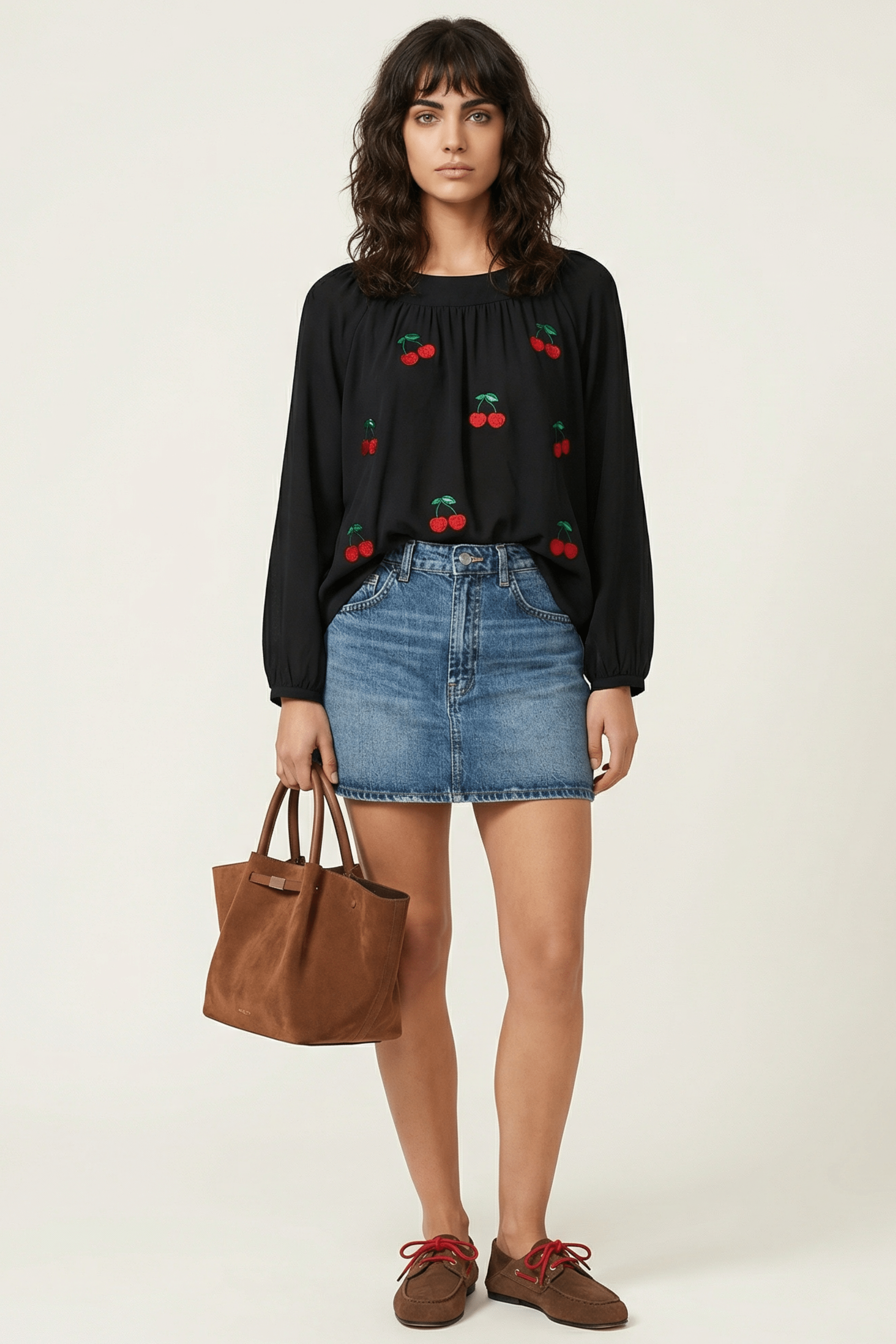Camiseta negra raglan con bordado cerezas Lolitas&L - lolitasyl.com