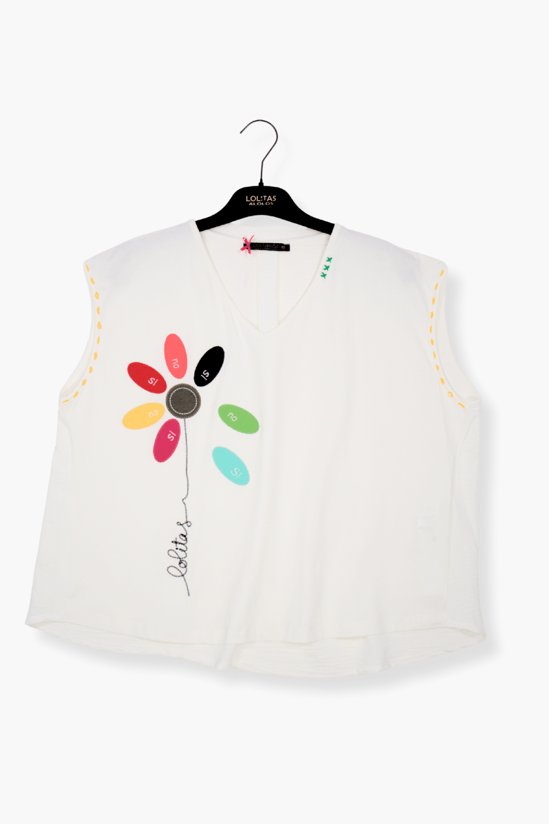 Camiseta Preloved blanca bordado flor multicolor si no Lolitas&L - lolitasyl.com