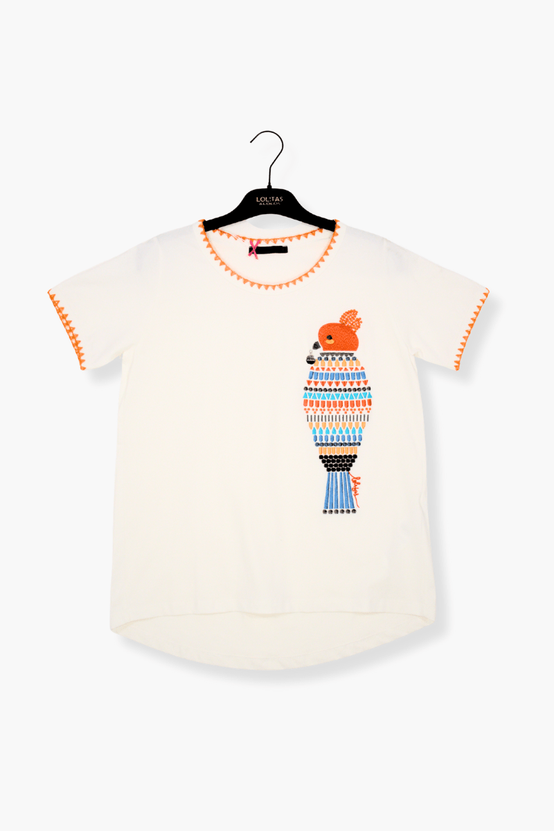 Camiseta Preloved blanca bordado loro multicolor Lolitas&L - lolitasyl.com