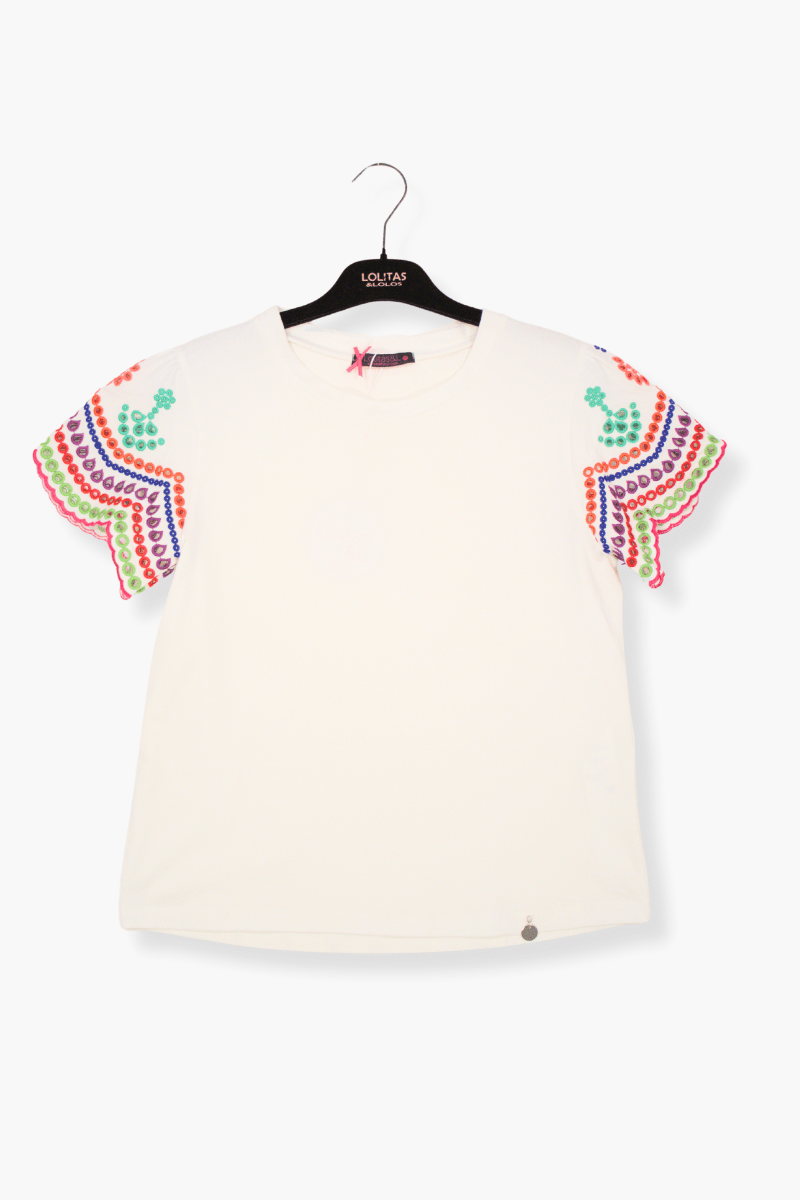 Camiseta Preloved blanca bordado multicolor en mangas Lolitas&L - lolitasyl.com