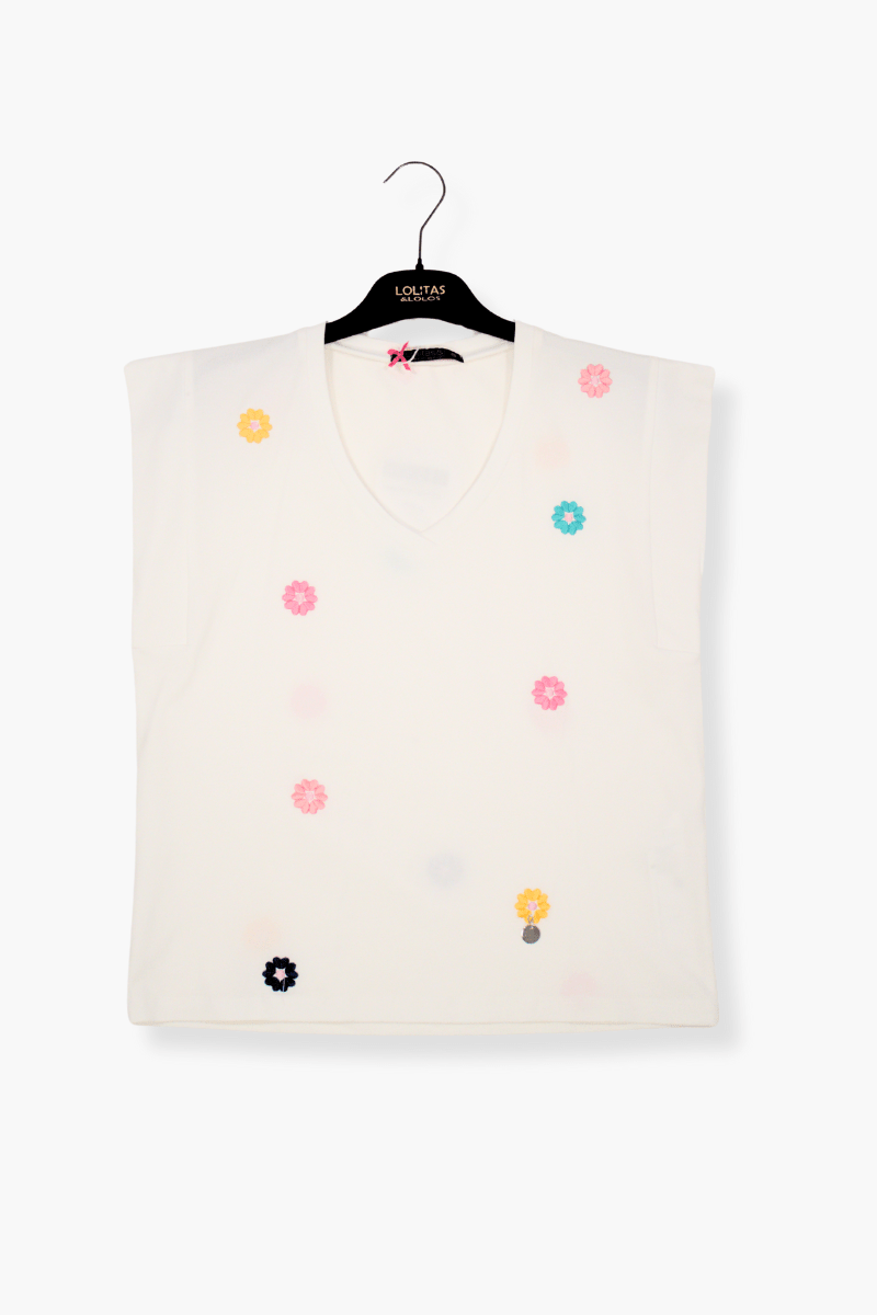 Camiseta Preloved blanca con boldado de flores multicolor Lolitas&L - lolitasyl.com