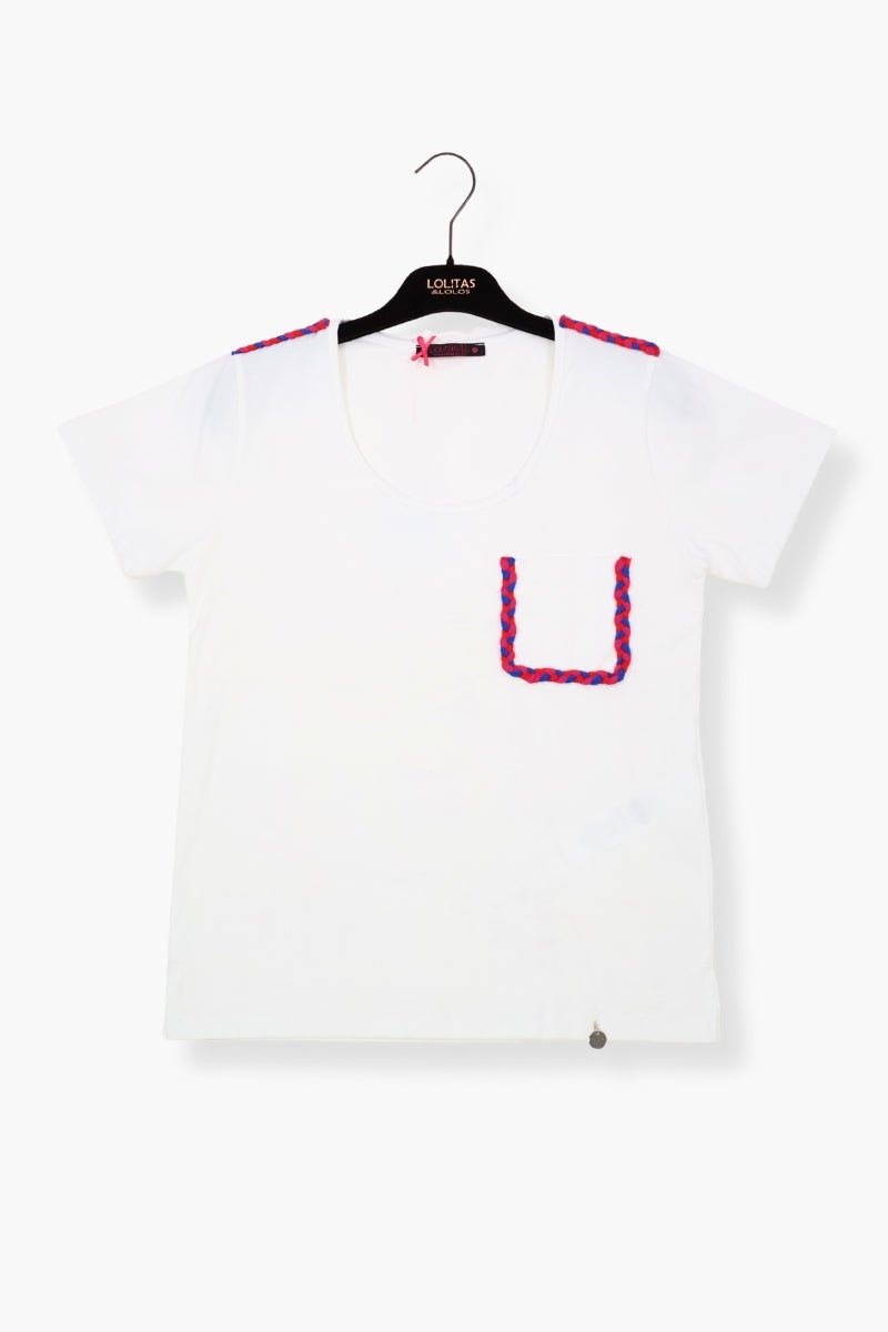 Camiseta Preloved blanca con bolsillo trenzao fucsia LolitasyL - lolitasyl.com