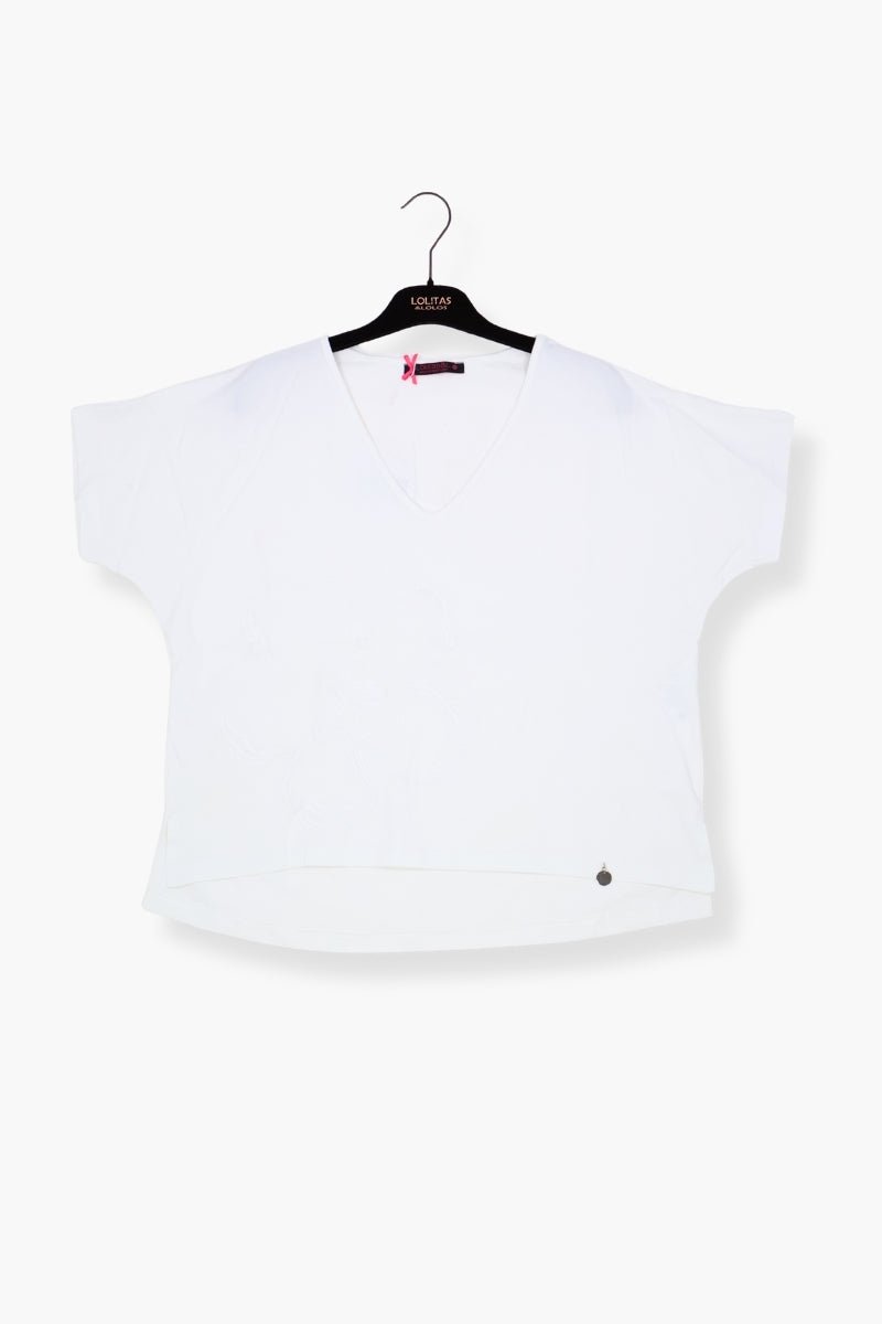 Camiseta Preloved blanca con bordado al tono flor LolitasyL - lolitasyl.com