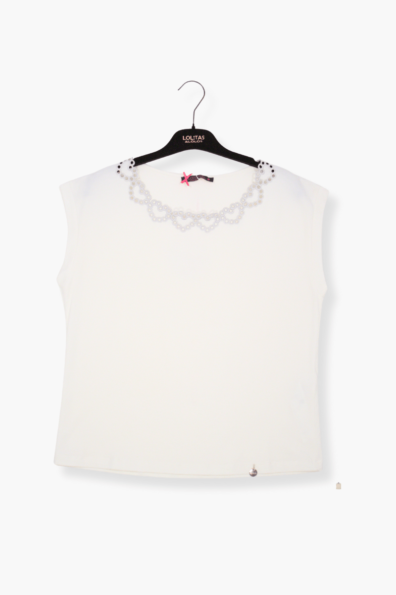 Camiseta Preloved blanca con bordado en el escote a contraste Lolitas&L - lolitasyl.com