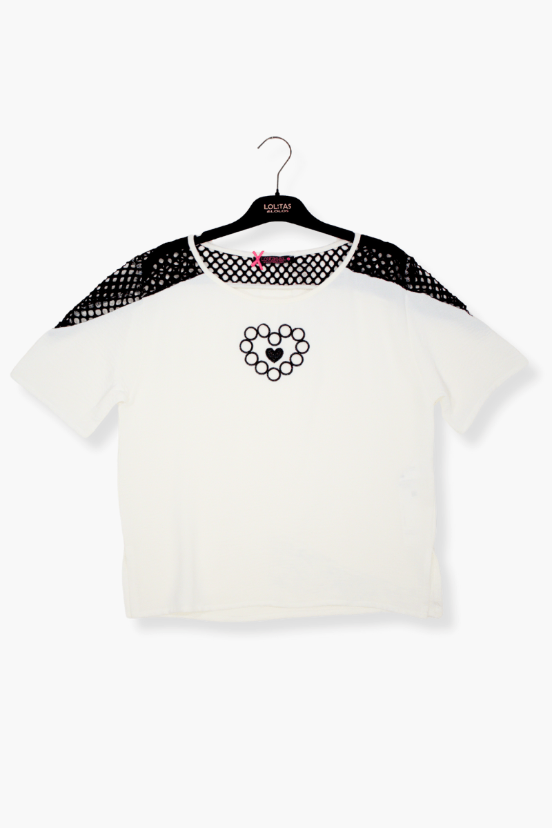 Camiseta Preloved blanca corazon bordado con grogre contraste negro Lolitas&L - lolitasyl.com